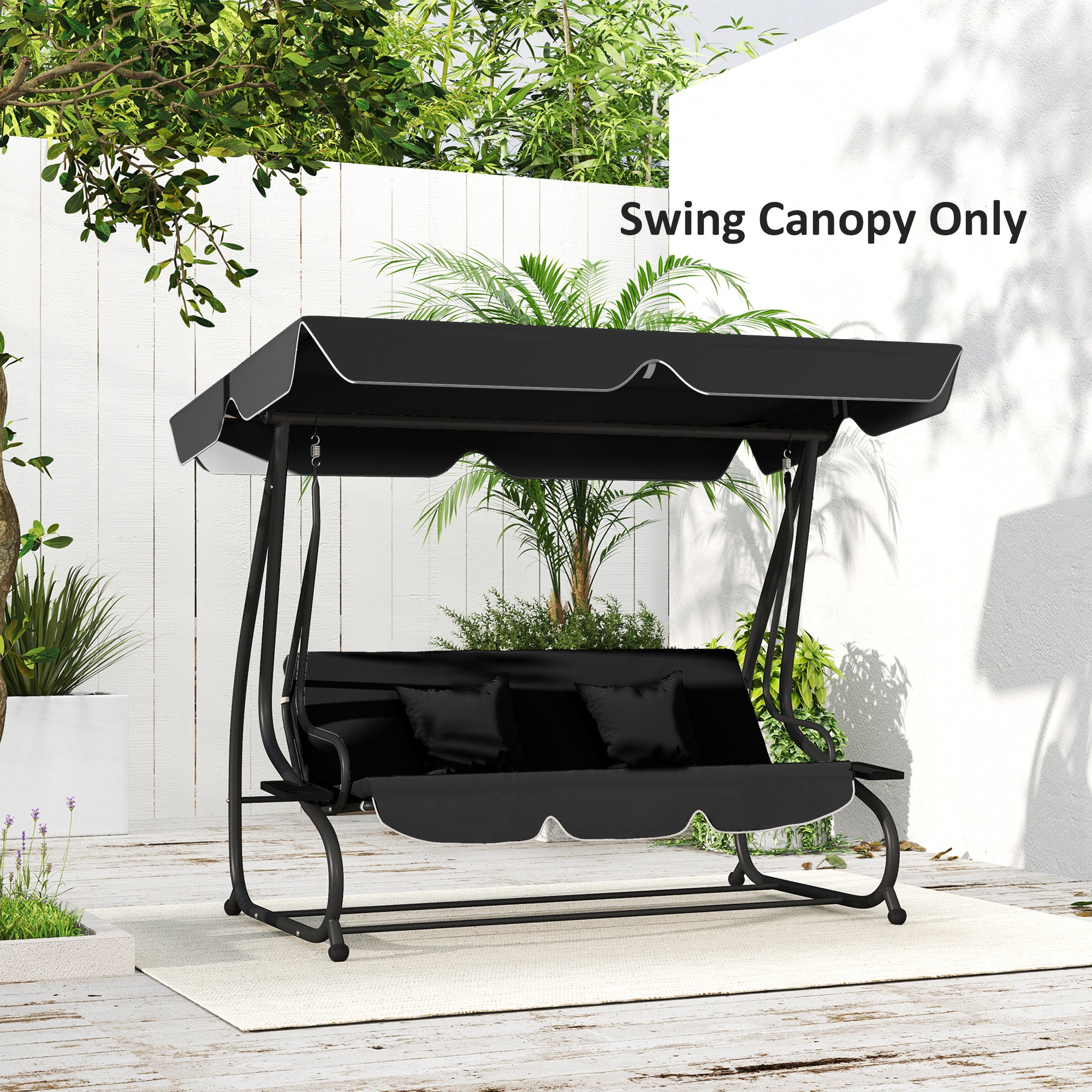 Garden Swing Canopy Replacement 3 Seater, Waterproof Garden Swing Seat Canopy Cover, Windproof Anti-UV Sun Shade (Canopy Only) for Patio, Balcony, Black