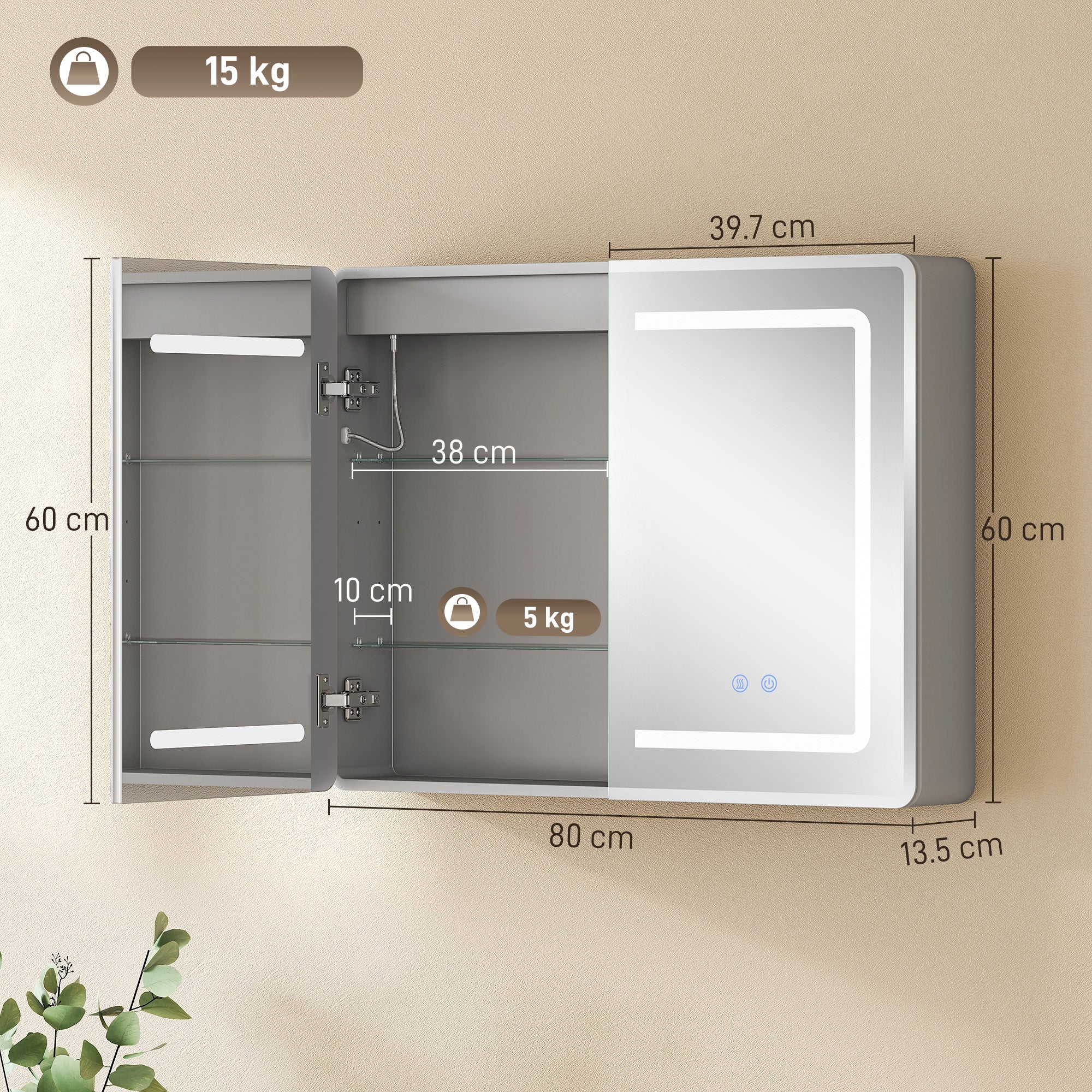 Mirrored Bathroom Cabinet with LED Lights, 60 x 80 cm Bathroom Mirror Cabinet with Anti-Fog, 3 Colour Dimmable Lighting