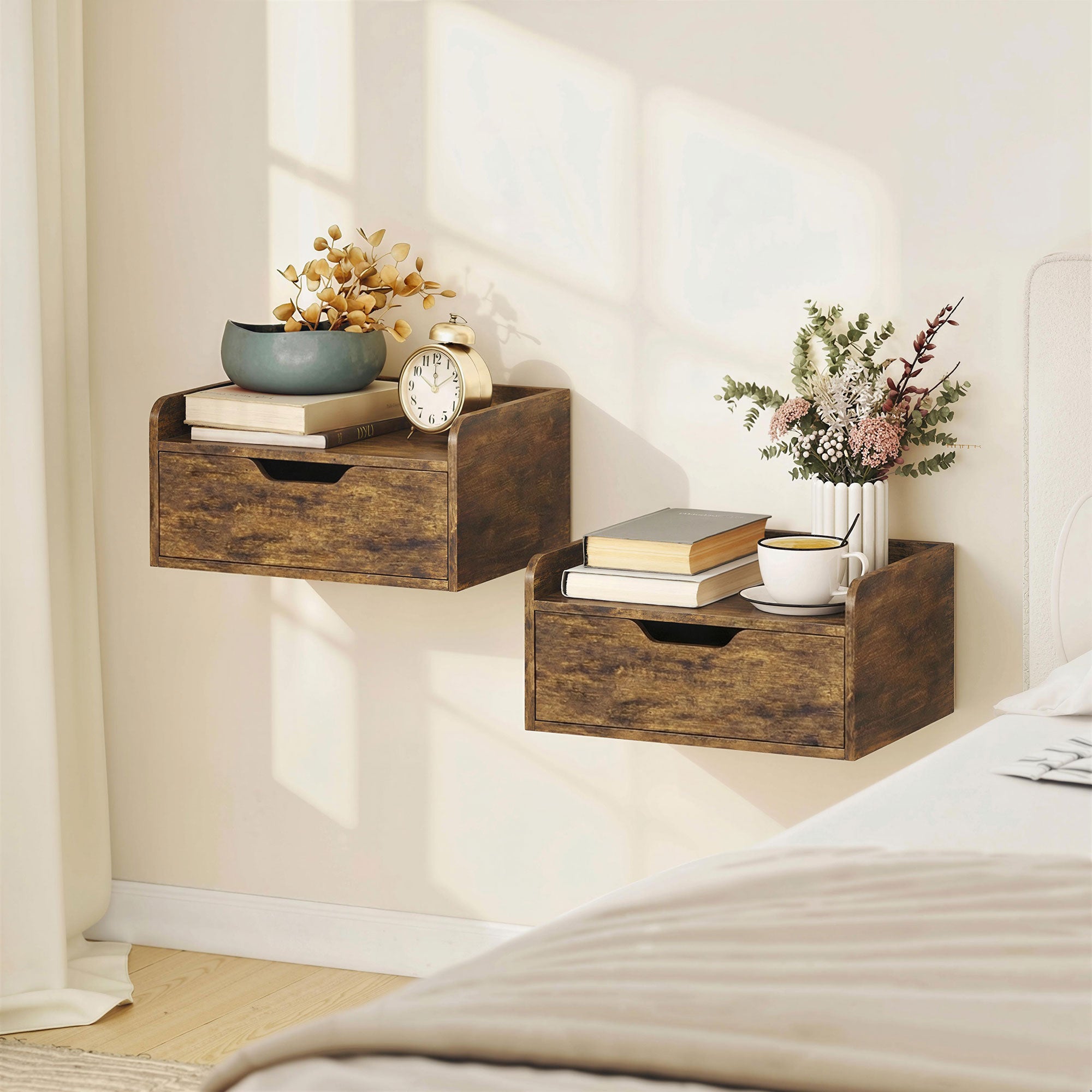 Floating Nightstands Set of 2, Wall Mounted Bedside Table with Drawer for Bedroom, Rustic Brown