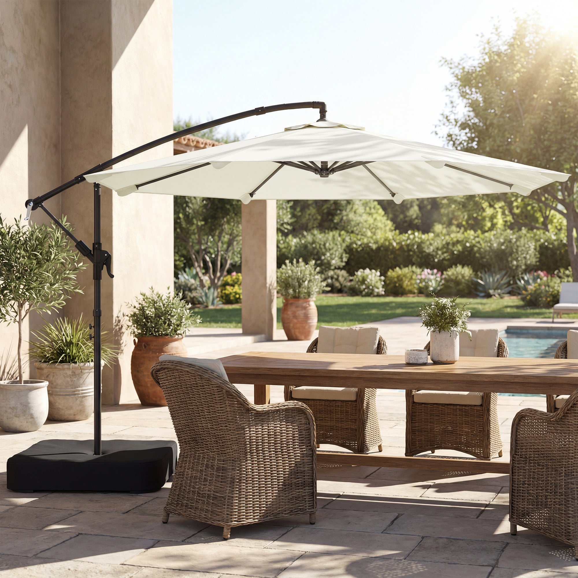 3 m Garden Cantilever Parasol with Cross Base, Sandbag, 360° Rotating Overhanging Banana Umbrella, Cream White