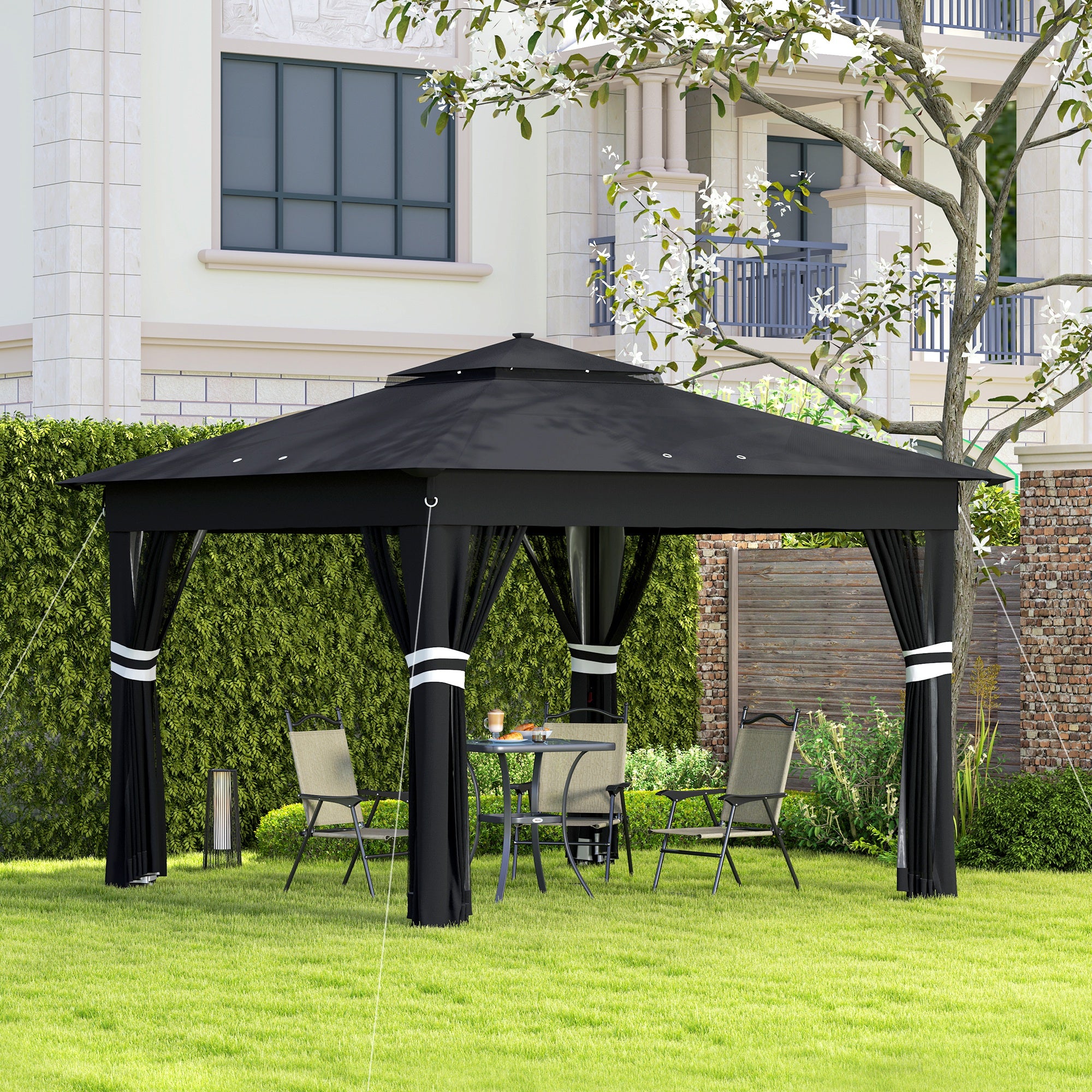 3 x 3 Metre Pop Up Gazebo with Solar LED Lights and Netting - Black