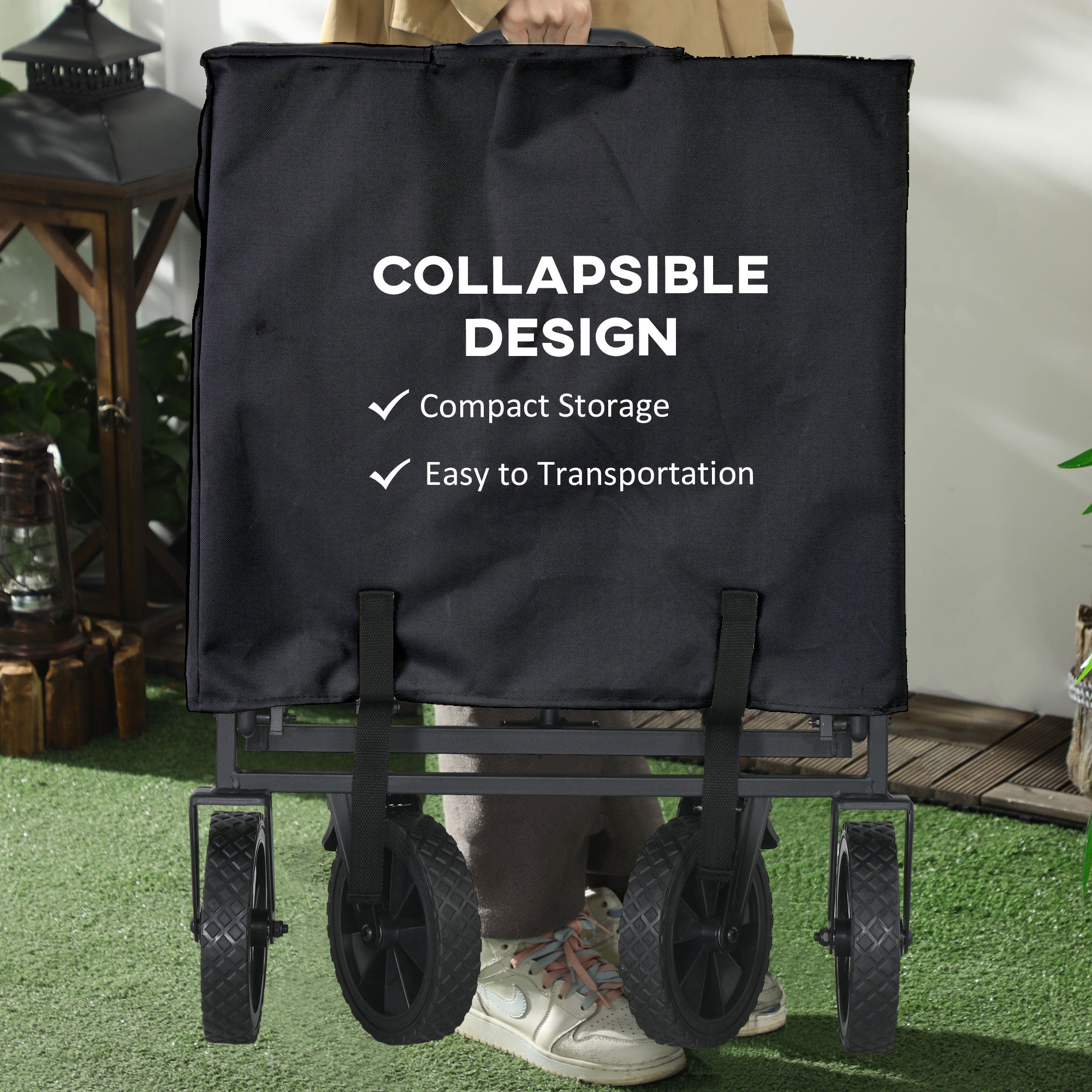 Folding Steel Frame Garden Storage Cart, with Wheels and Handle - Black