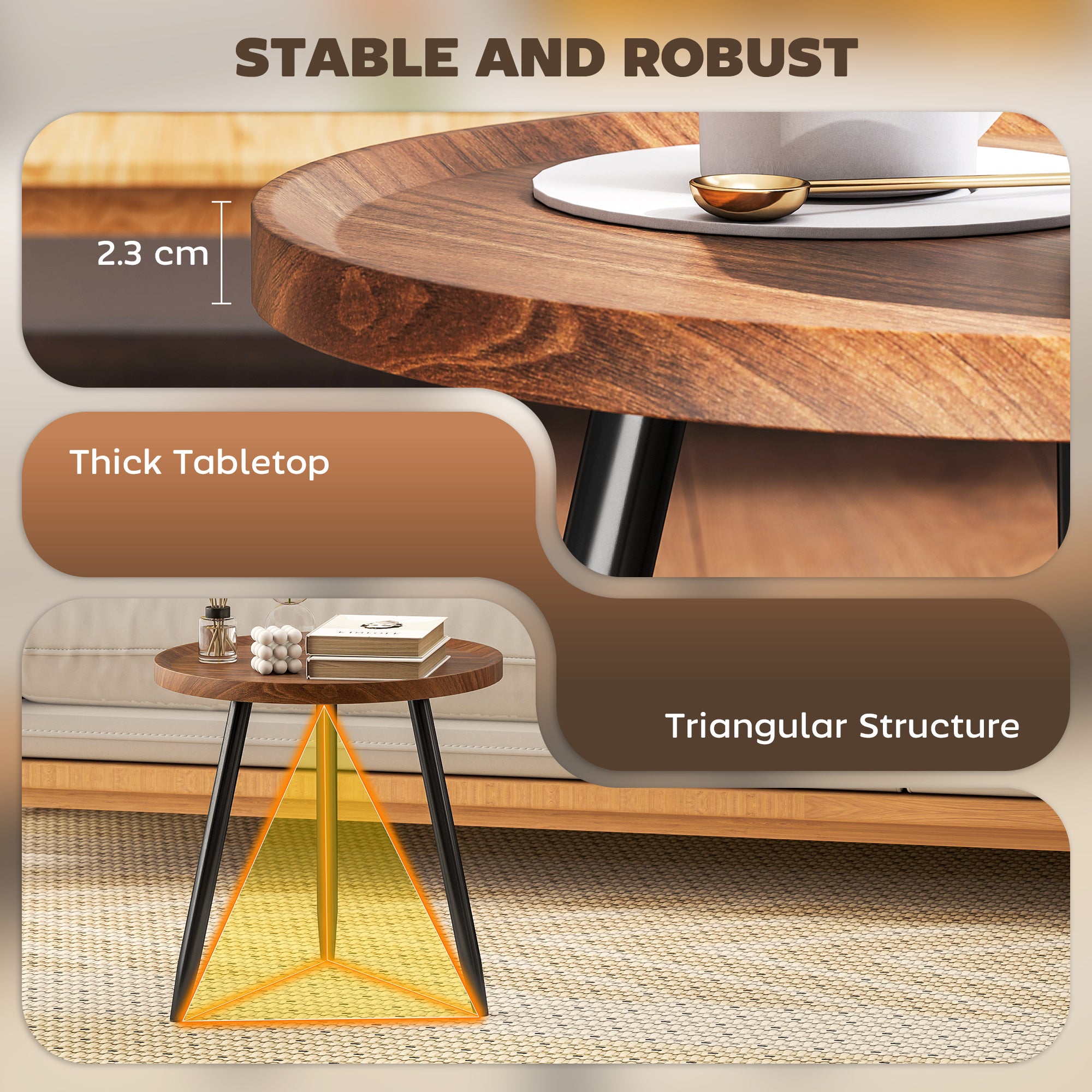 Modern Round Coffee Table with Steel Frame for Small Space, Sofa Beside, Living Room, Chestnut Wood Effect
