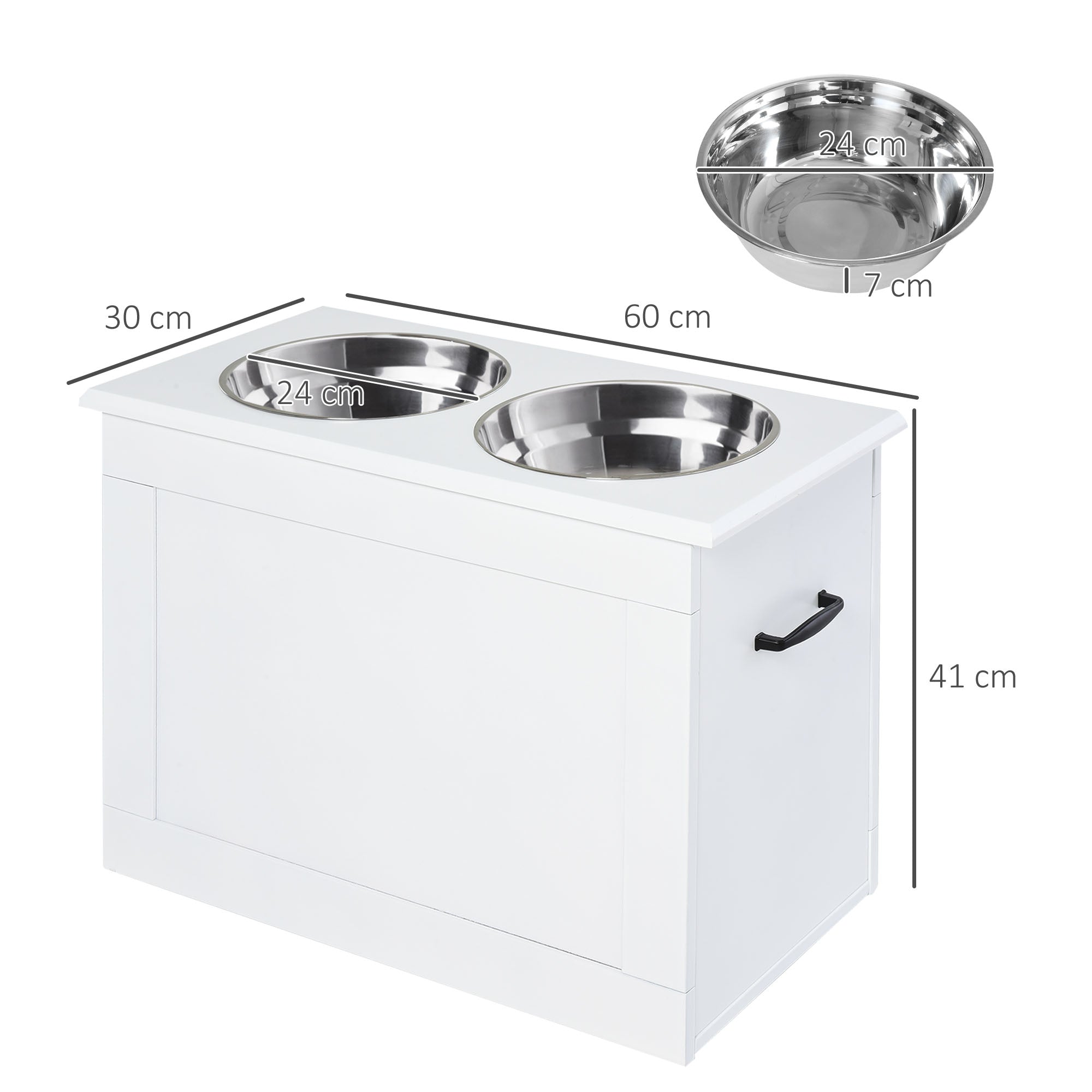 Raised Dog Bowls, with Storage, Two Stainless Steel Bowls, Elevated Base - White