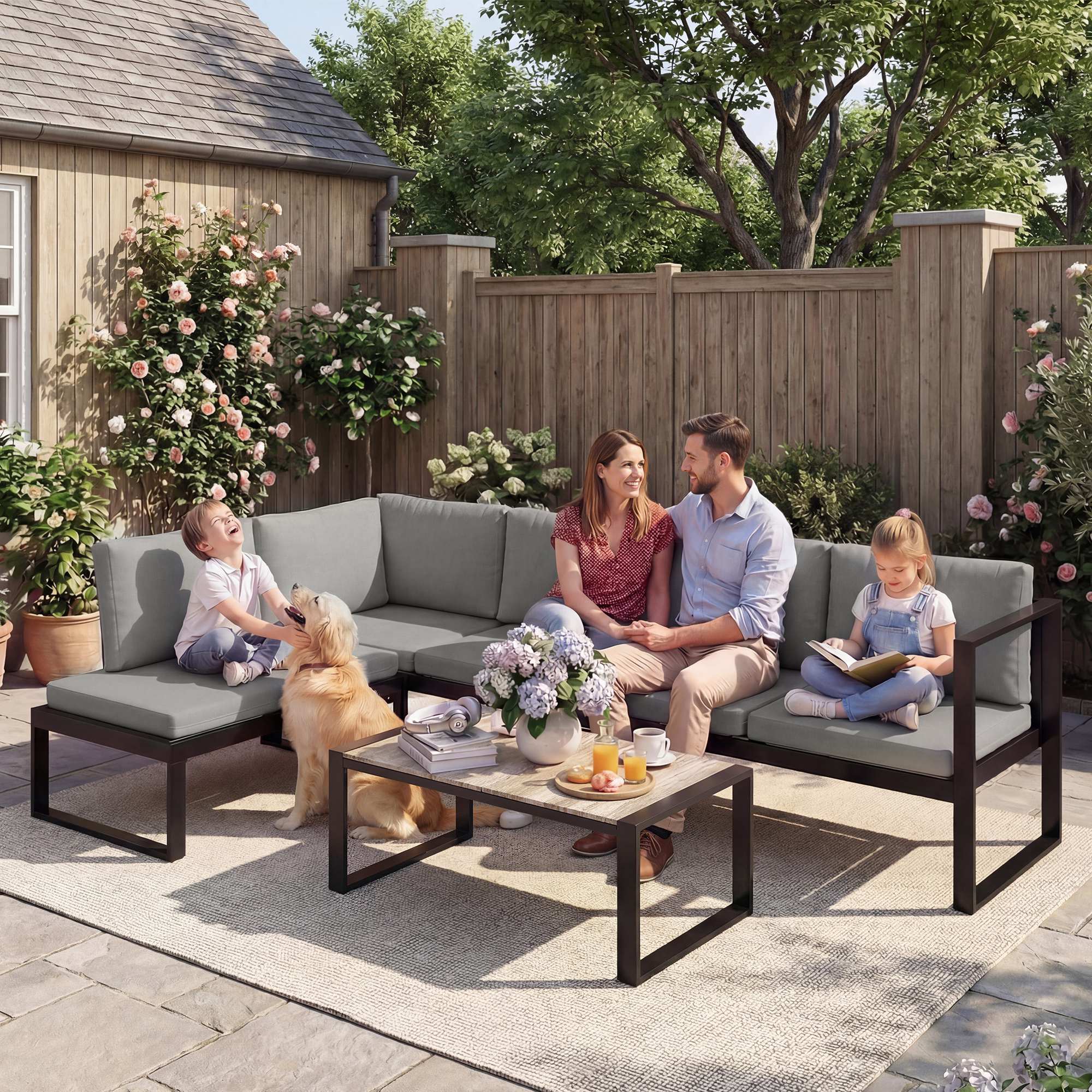 4 Piece Garden Furniture Set, Garden Sofa Set with 2 Loveseats, Armless Chair, Coffee Table for Balcony, Dark Grey