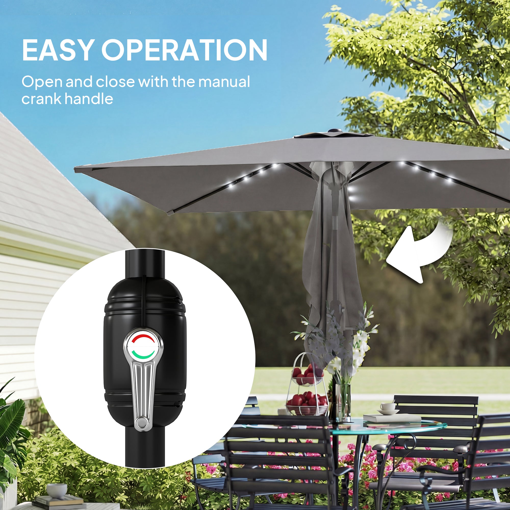 3 x 2 m Garden Parasol Umbrella with LED Solar Light, Parasol Cover, Outdoor Market Patio Umbrella, Dark Grey
