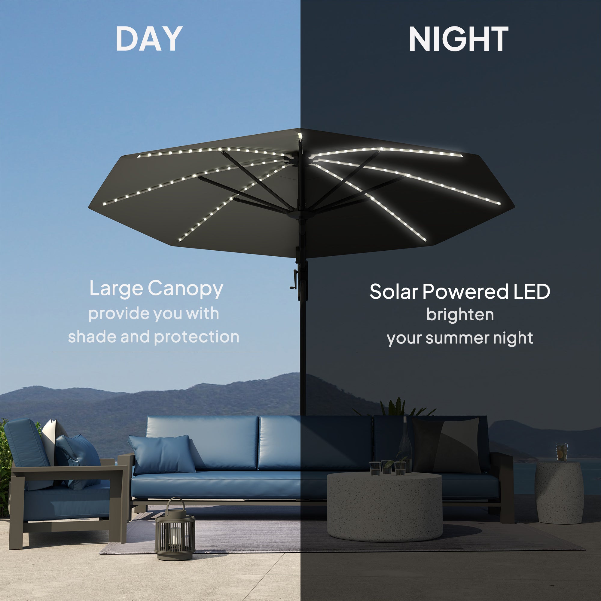 3 Metre Cantilever Garden Parasol with Solar Lights and Crank Handle - Dark Grey