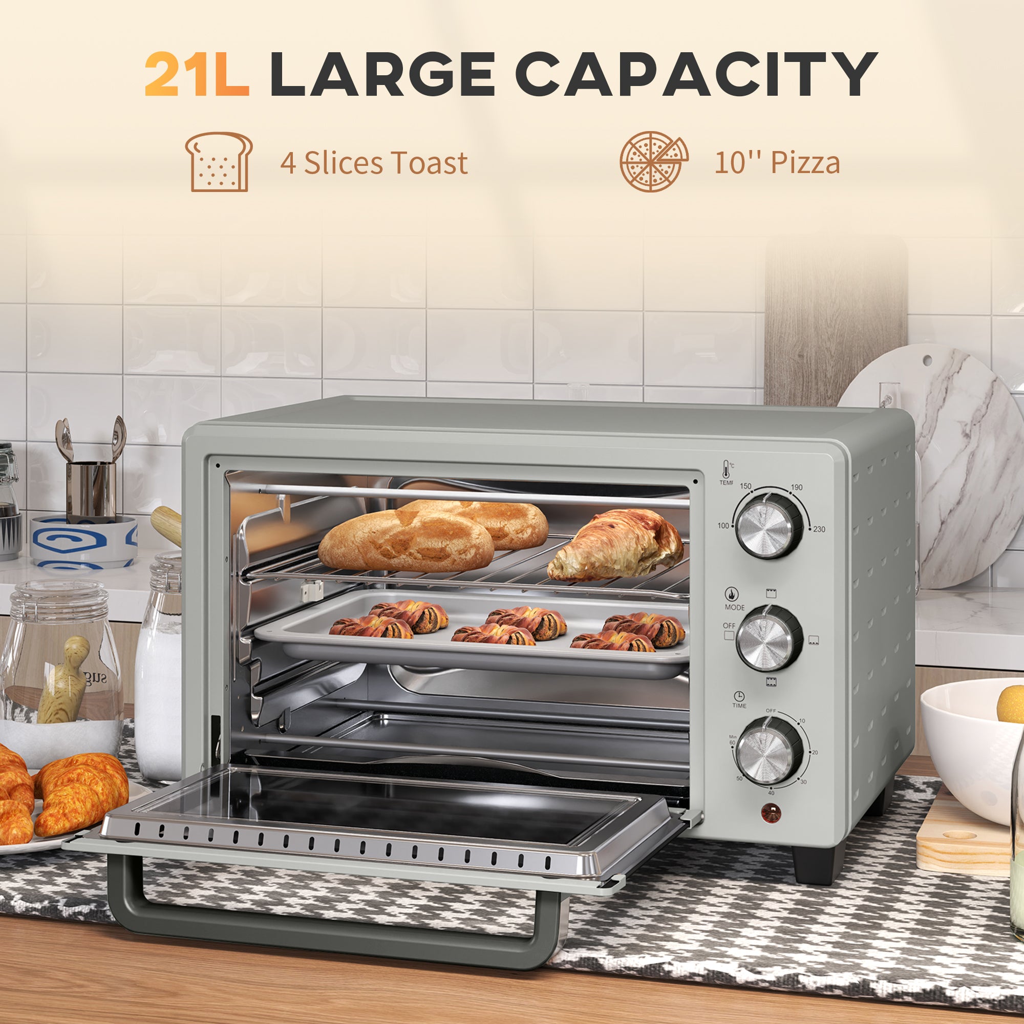 21L Mini Countertop Oven, 100°C-230°C Adjustable Temp - Silver Tone