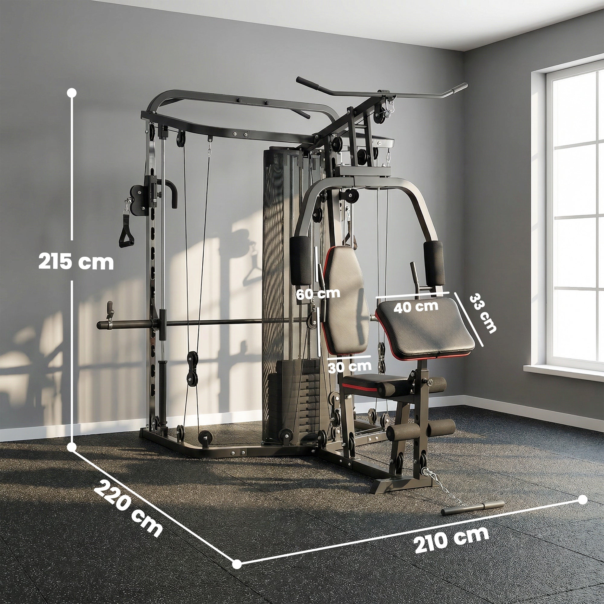 Home Multi Gym Smith Machine with 65kg Weight Stack, Cable Pulley System, Chest Station, Preacher Pad & Leg Developer