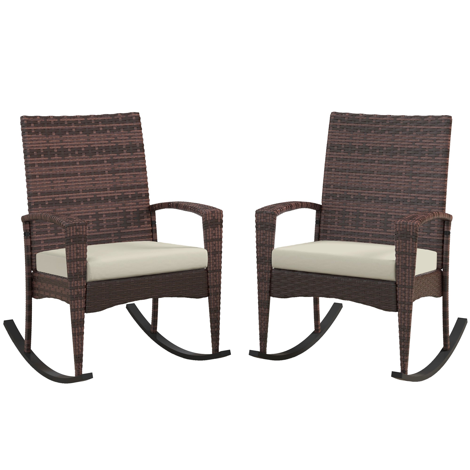 Outdoor PE Rattan Rocking Chair Set of 2, Garden Rocking Chair Set with Armrest and Cushion, Brown