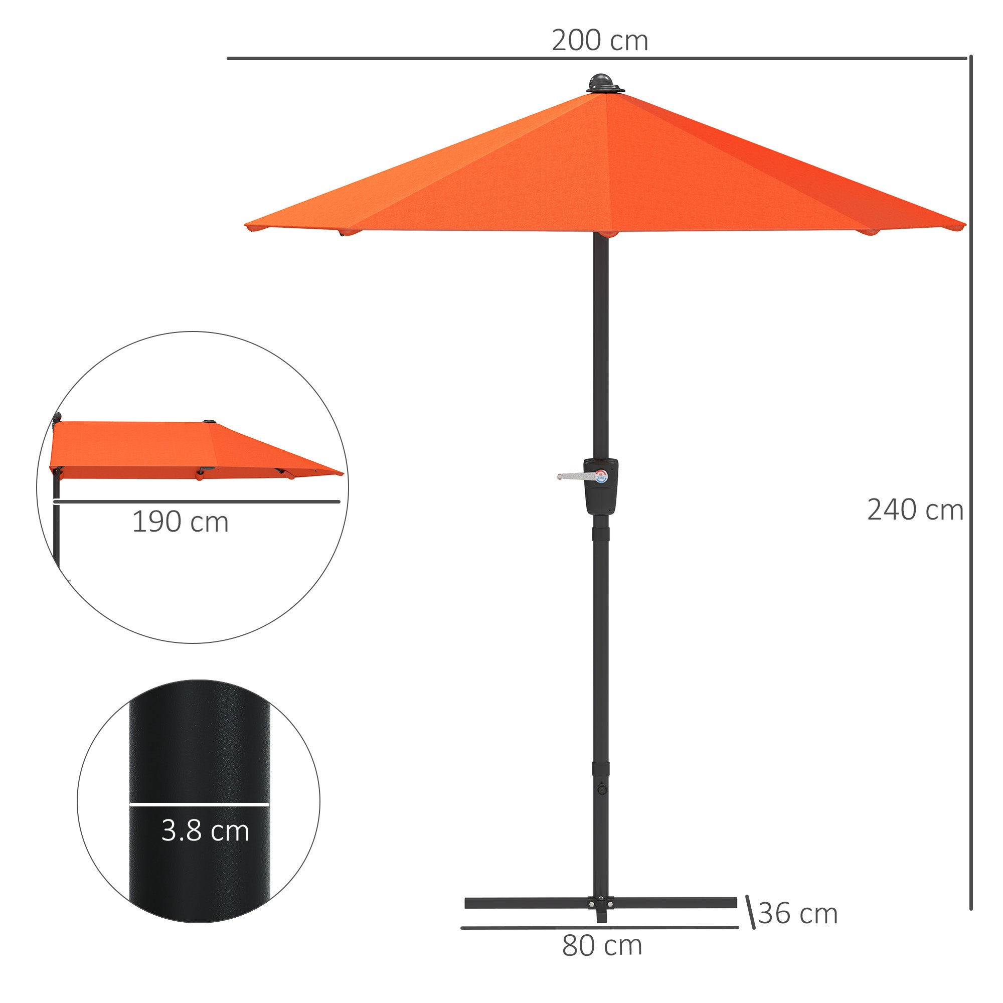 2 Metre Half Parasol Garden Umbrella with Crank Handle - Orange