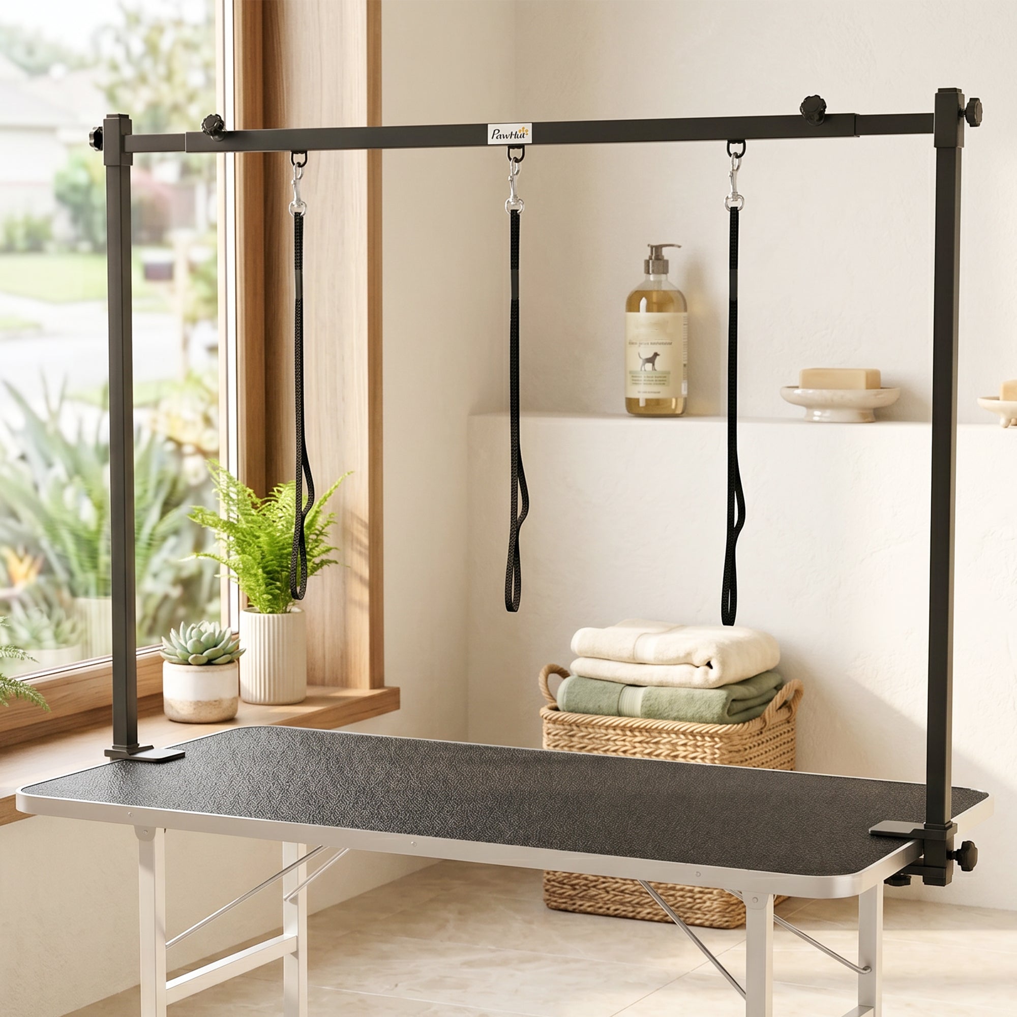 Dog Grooming Arm Adjustable H-Shape Dog Grooming Table Arm with Clamp and 3 Nooses Black