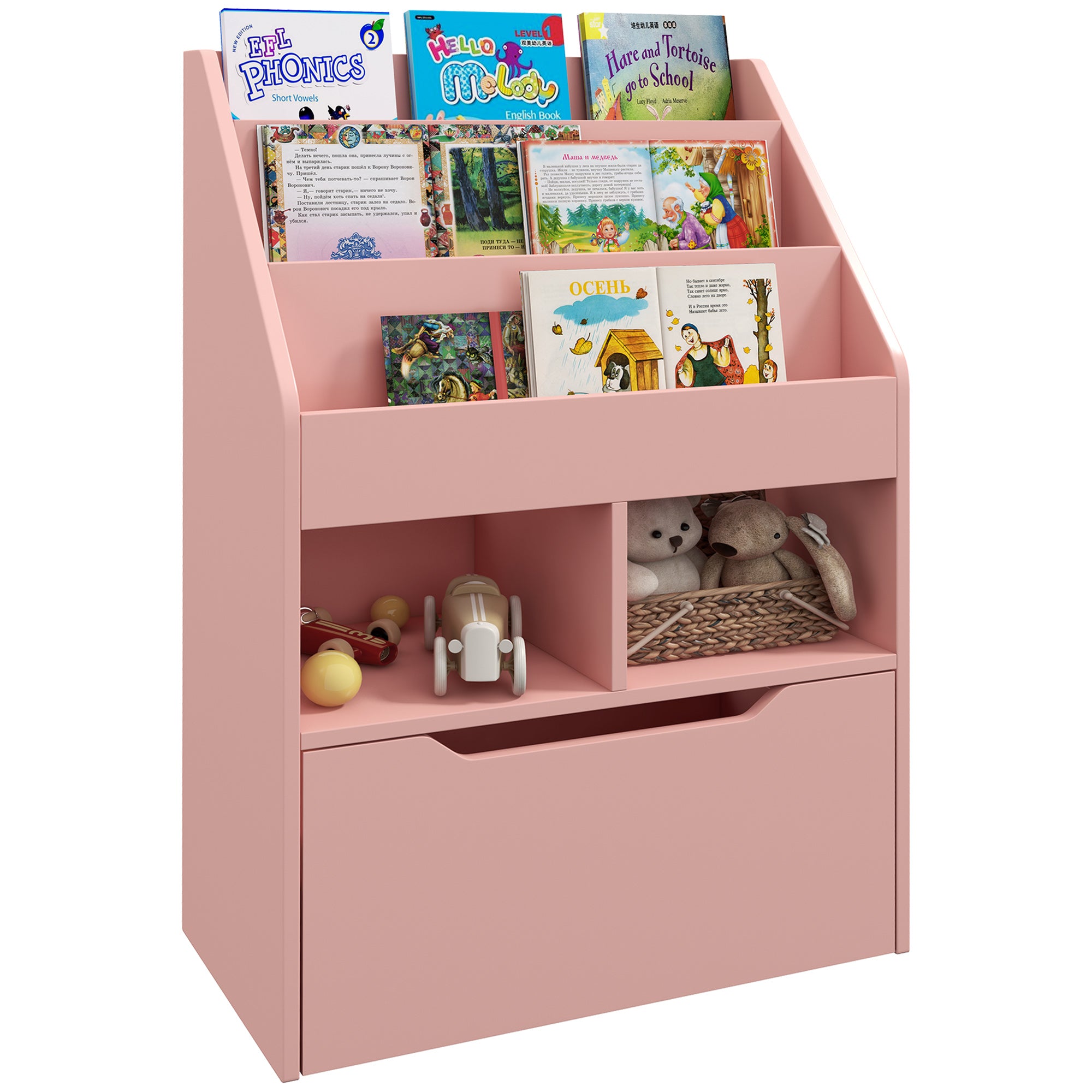 Kids Bookshelf, Toy Organiser, with Storage Drawer, Wheels - Pink