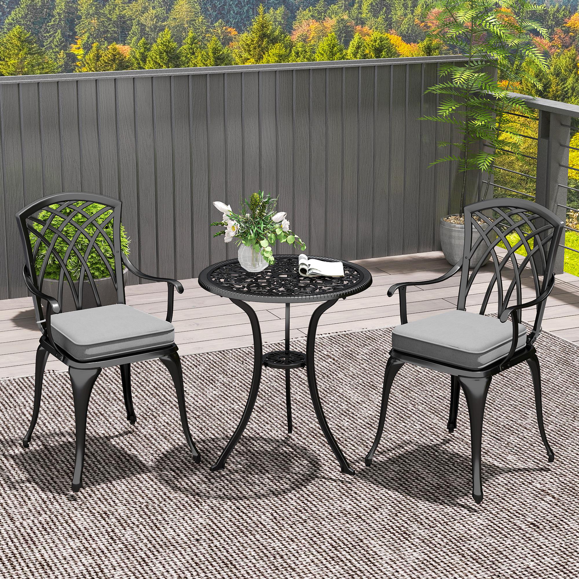 Three-Piece Cast Aluminium Bistro Set with Cushions and Parasol Hole - Black