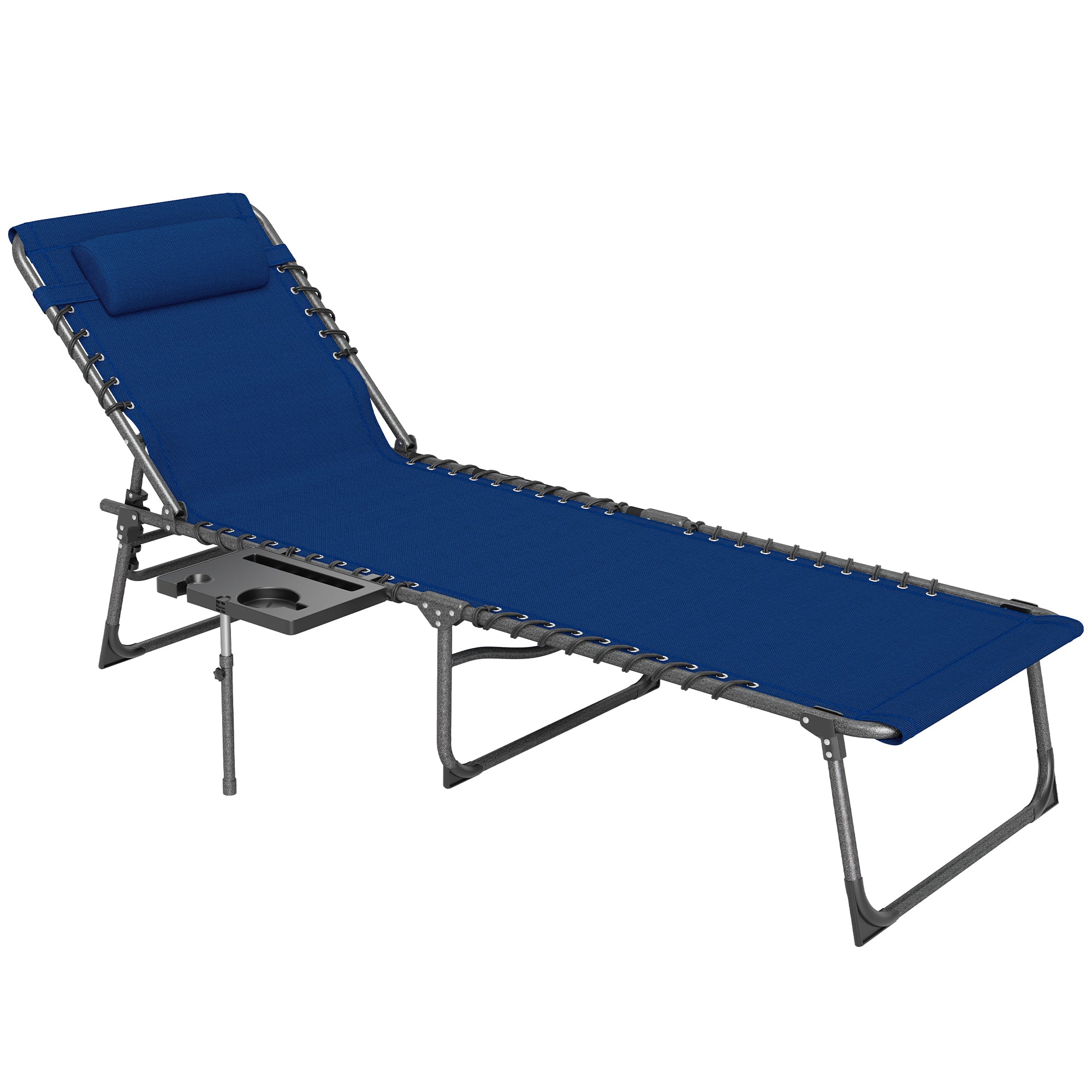 Five-Position Reclining Sun Lounger with Side Table and Pillow - Dark Blue