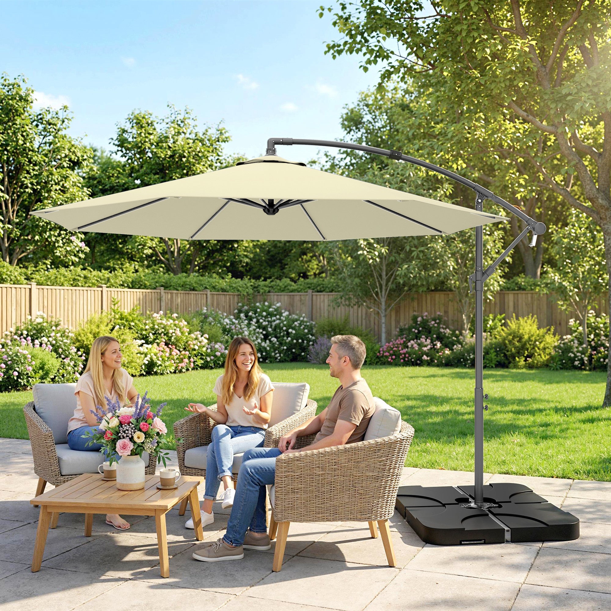 3m Overhanging Parasol, with Base, Weights and Cover - Sand brown