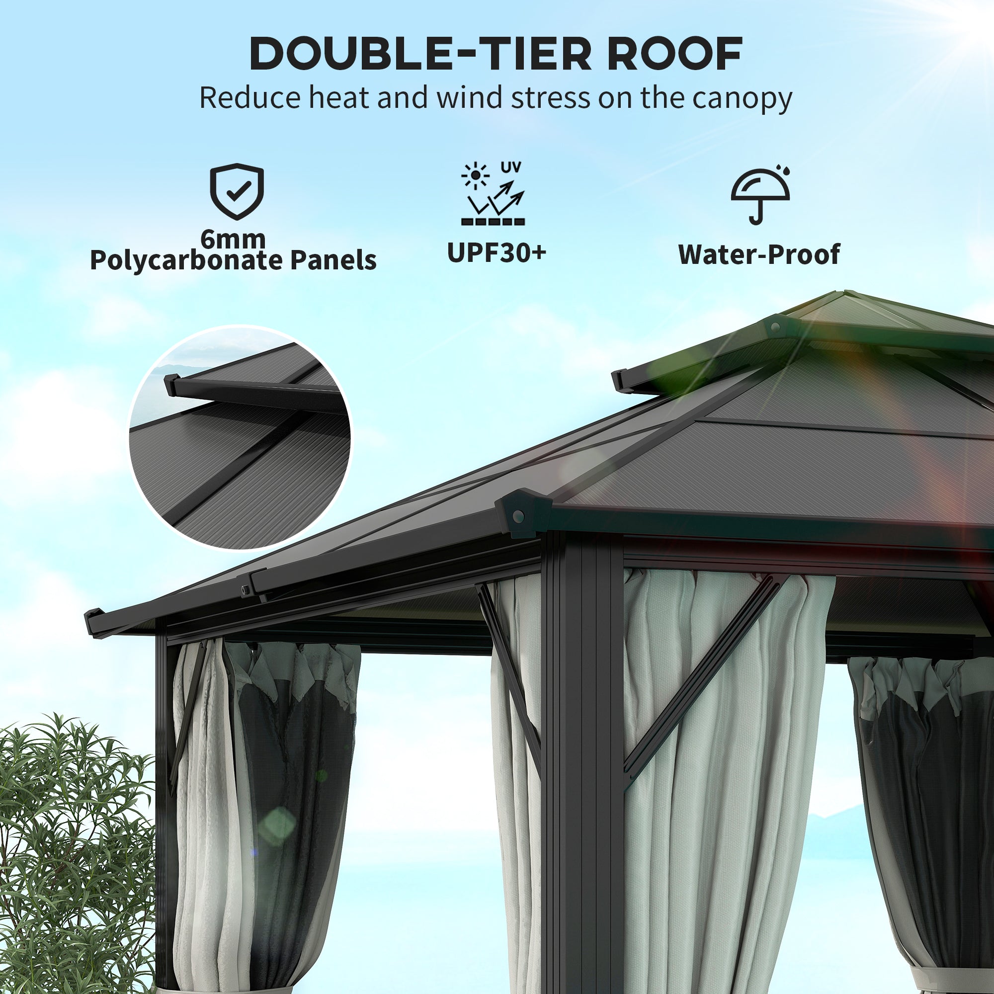 3 x 3m Hardtop Gazebo Canopy with UPF30+ Double Polycarbonate Roof, Aluminium Frame, Mosquito Netting & Curtains - Grey