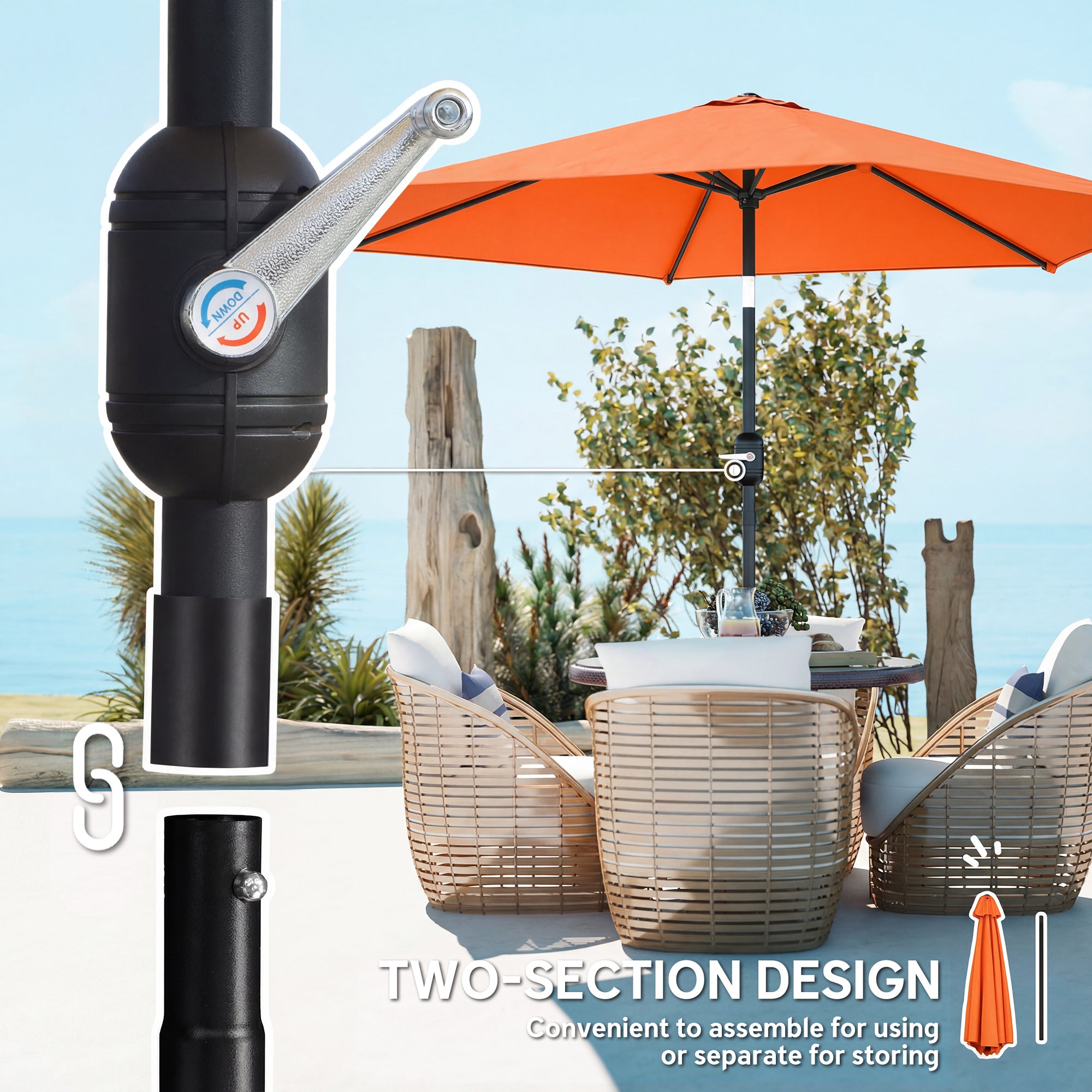 2.6 m Garden Parasol Umbrella with Aluminium Pole, Outdoor Patio Umbrella with Tilt and Crank, Vent, Orange