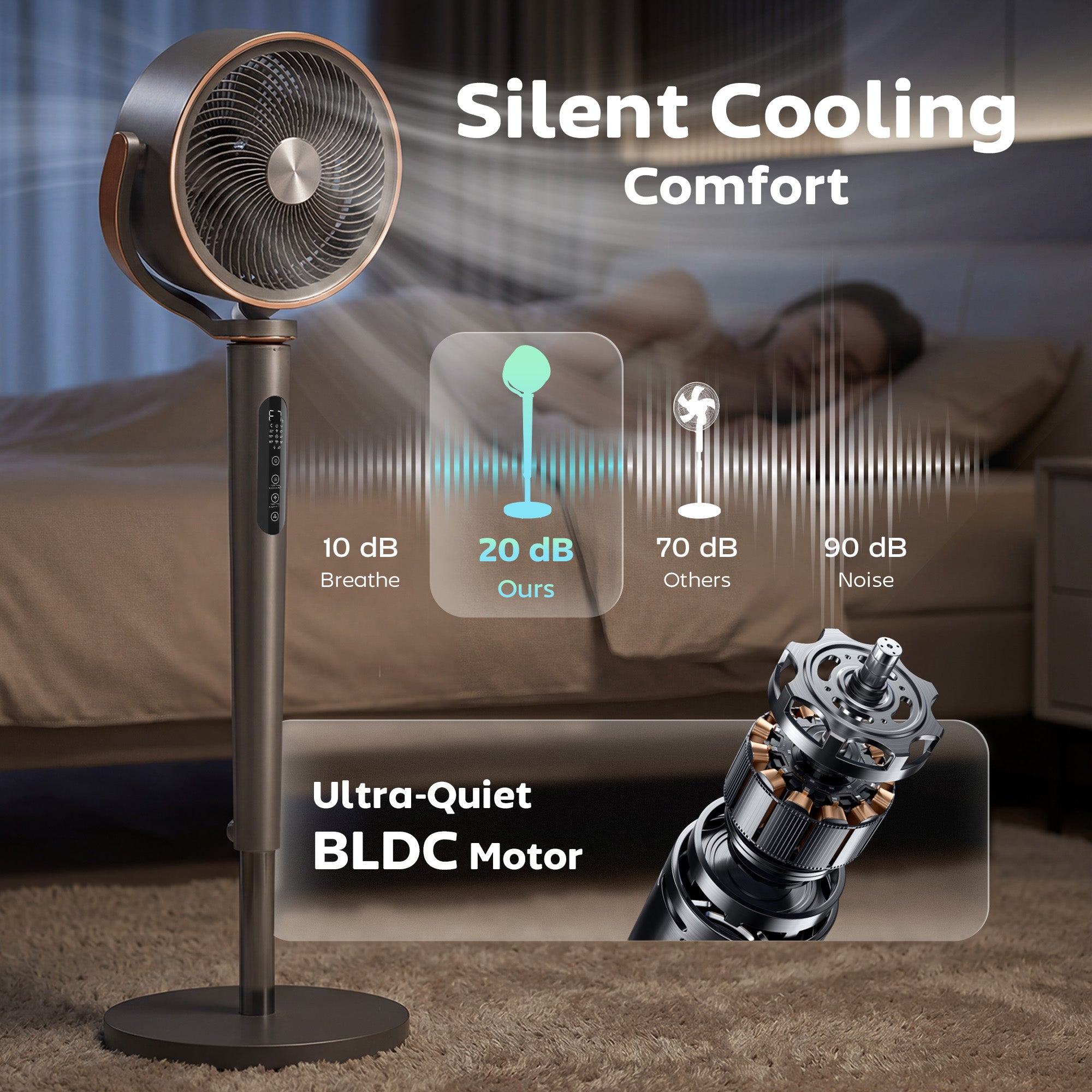 20dB Silent Standing Fan, 70°+90° Auto Oscillating Fan with 12 Speeds, LED Light, Air Circulator, Remote Control, 12H Timer, for Bedroom, 46 Inch, Grey