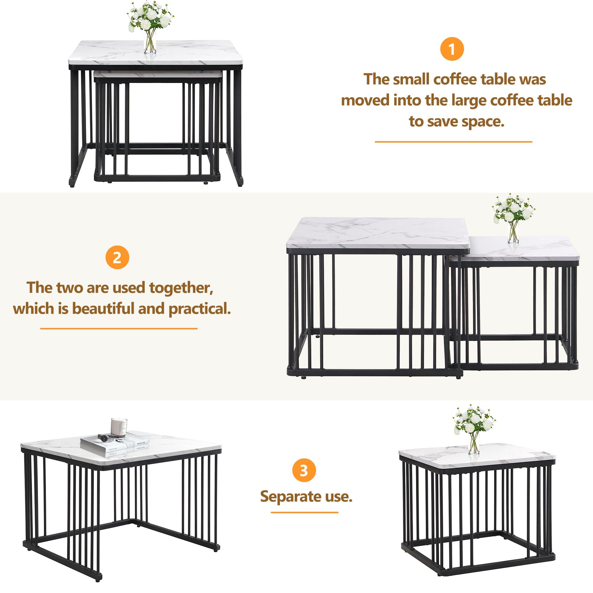 2 Piece High Gloss Nesting Coffee Table Set with Marble Pattern, Square Side Tables with Metal Frame, 60L x 60W x 45H cm, White+Black