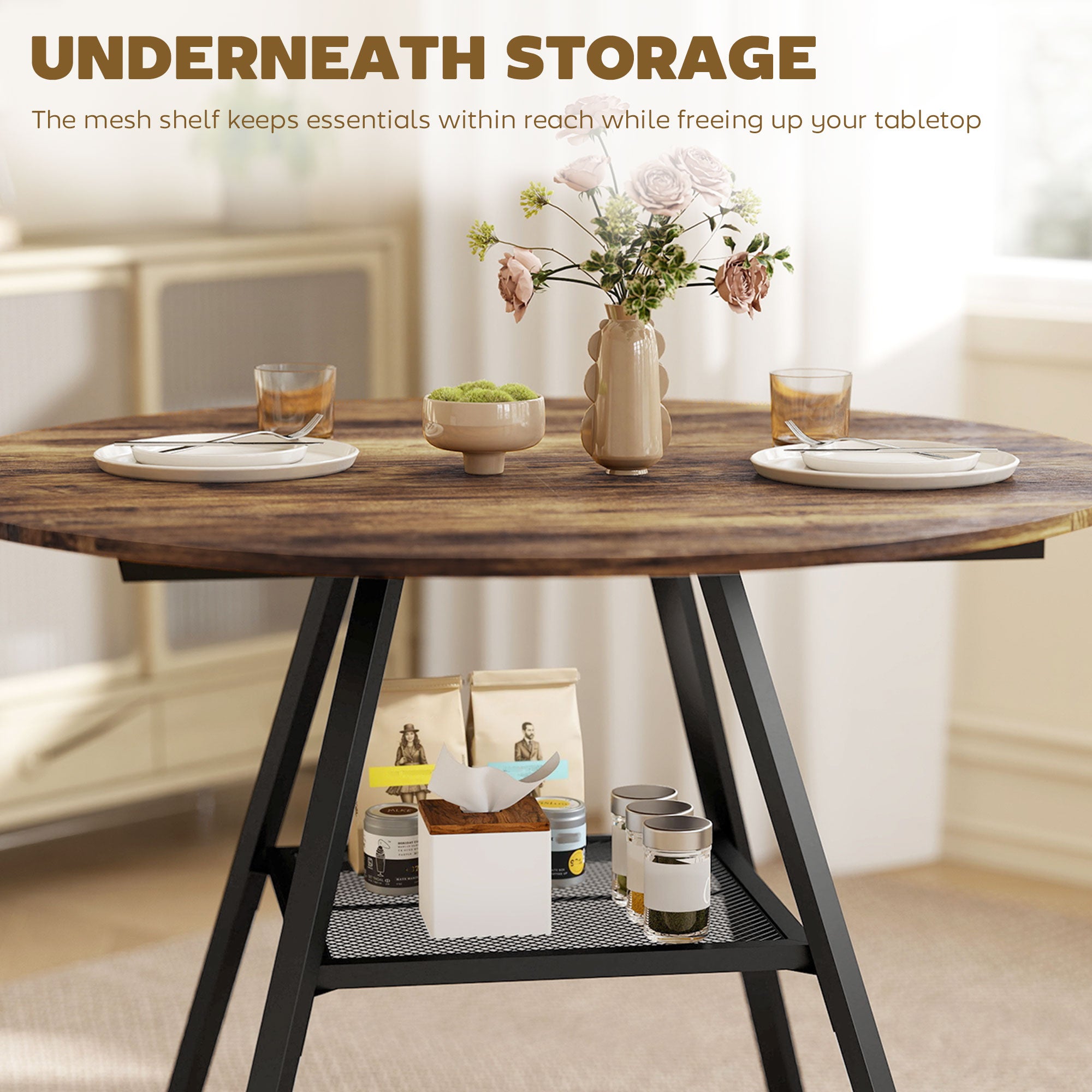 Dining Table for 4 People, 100 cm Round Industrial Kitchen Table with Storage Shelf, Rustic Brown