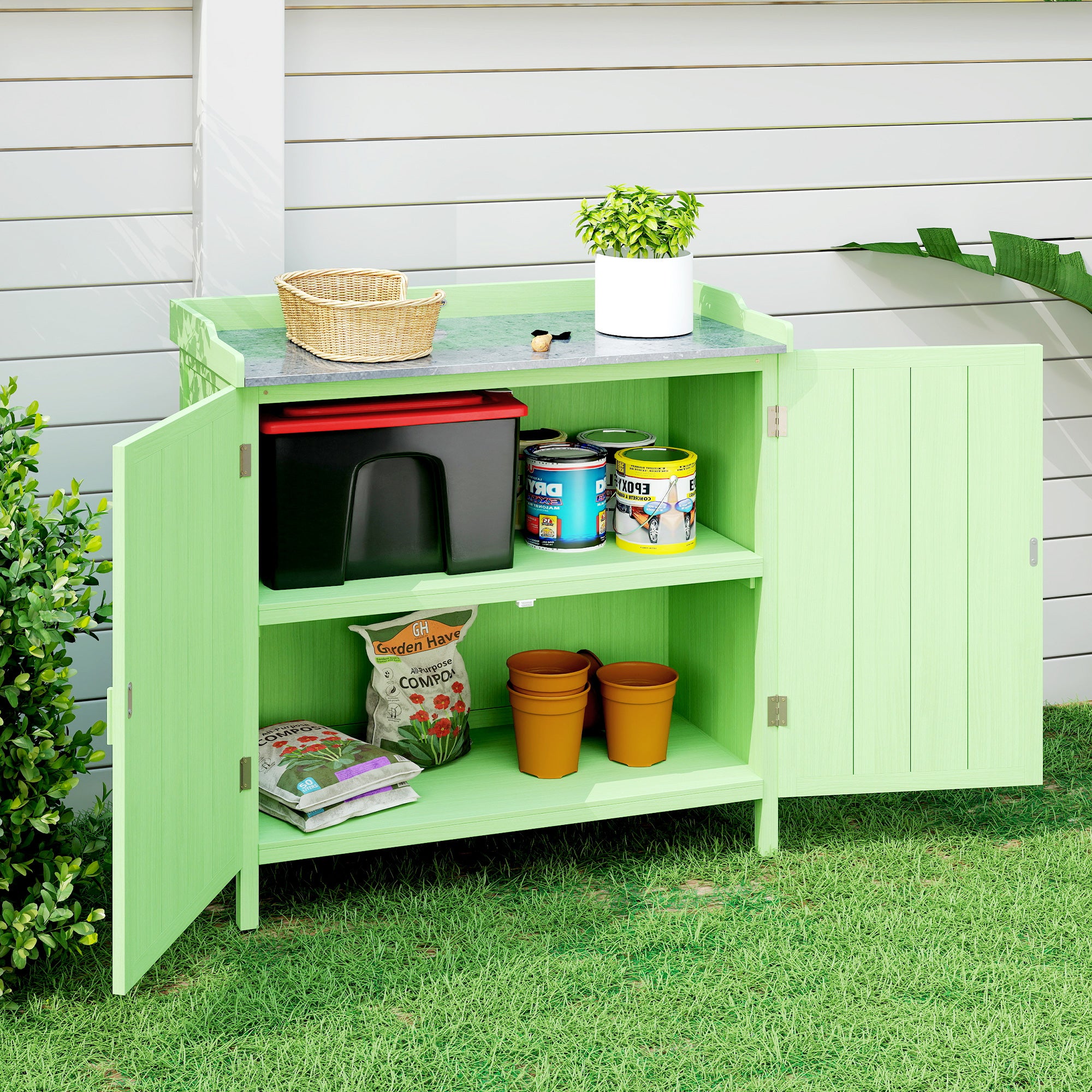 Wood Garden Storage Cabinet, Outdoor Tool Shed, Potting Bench Table with galvanised Top and Two Shelves for garden Tools or Pool Accessories, Green