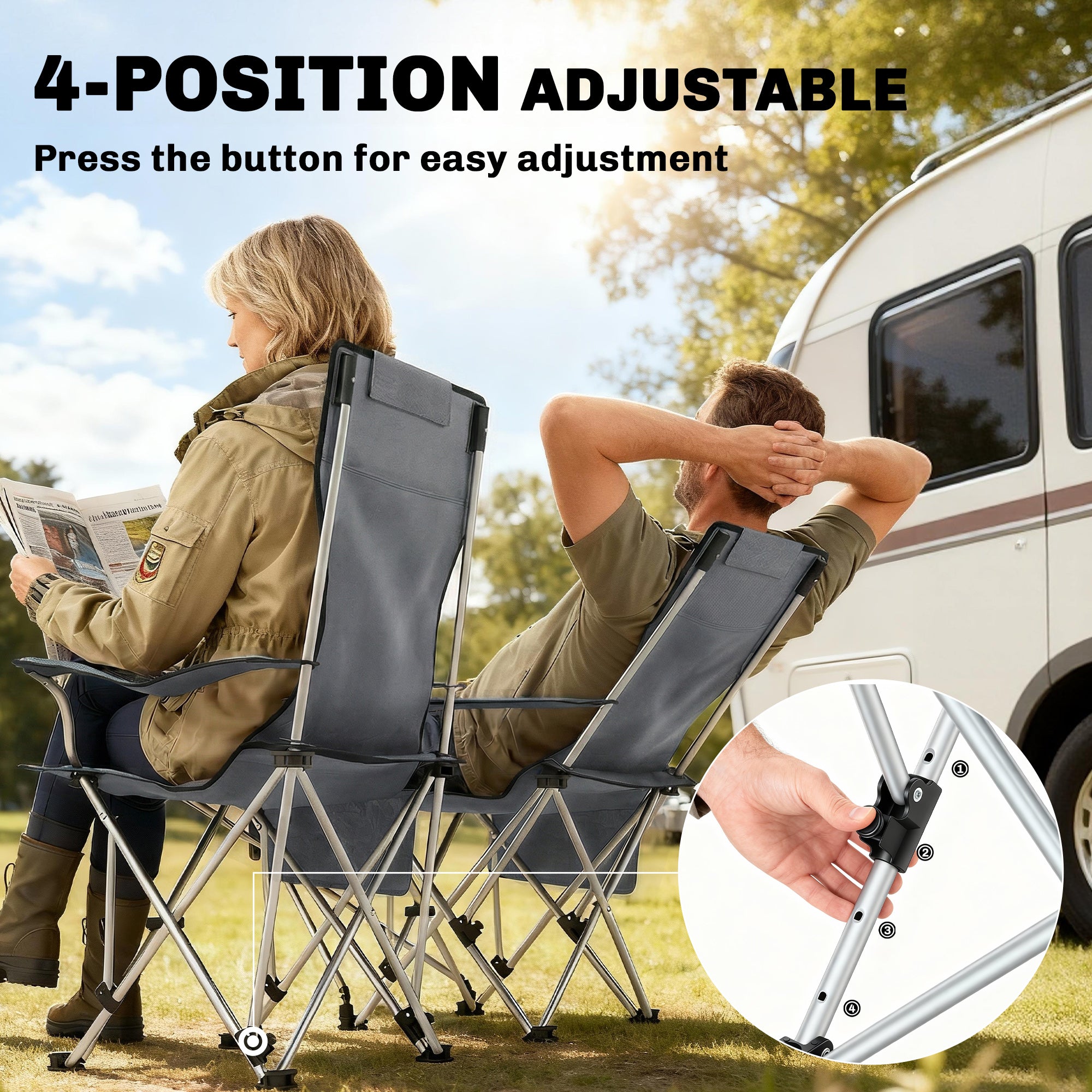 Set of 2 Reclining Folding Camping Chair w/ Detachable Footrest, Storage Bag, Cup Holder & Headrest, Lightweight Portable Camp Chair for Beach, Picnic, Grey and Black