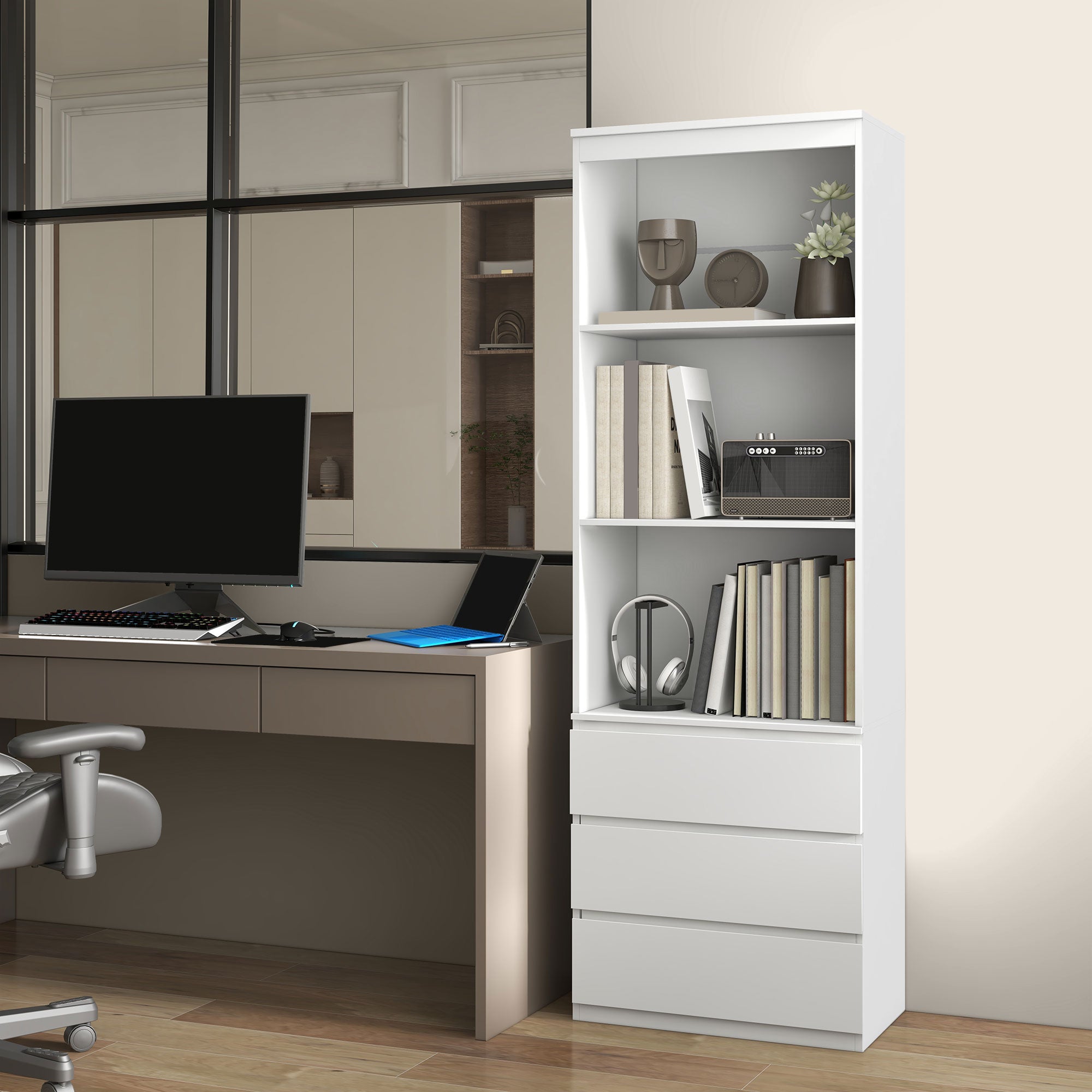 180cm Tall Bookcase, with Shelves and Drawers - White