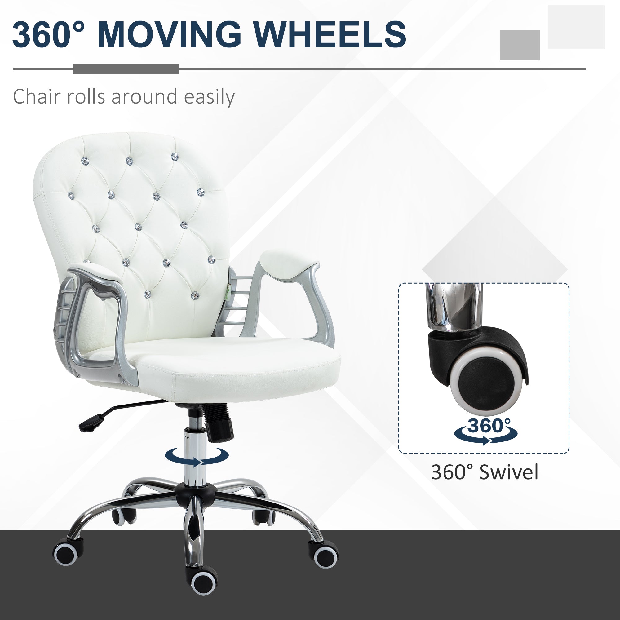 Office Chair Ergonomic 360° Swivel PU Diamante Padded Base 5 Castor Wheels for Home Work White