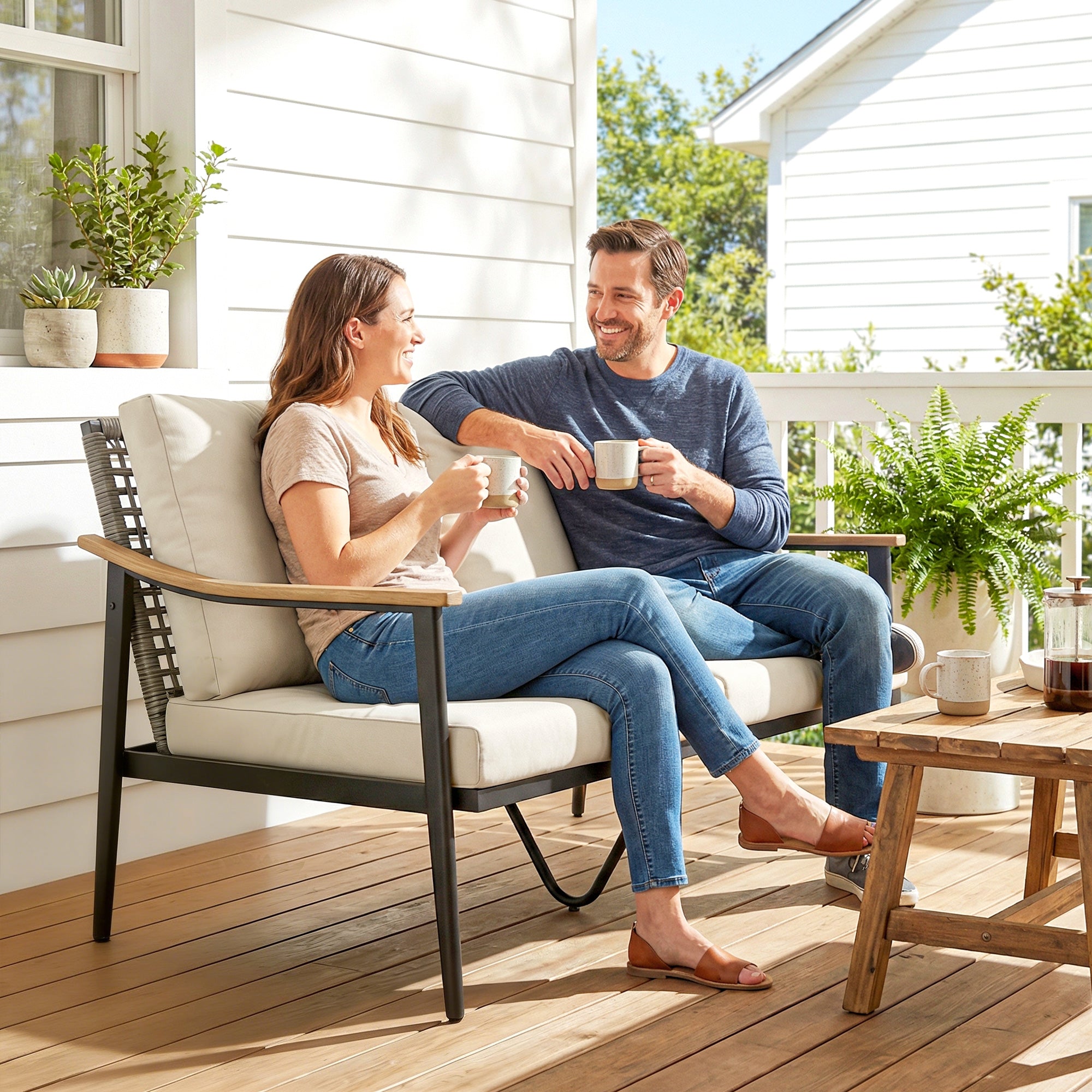 2 Seater Rattan Sofa, Outdoor Garden Sofa with Wood-Effect Armrests, Cushions for Patio, Balcony, Khaki