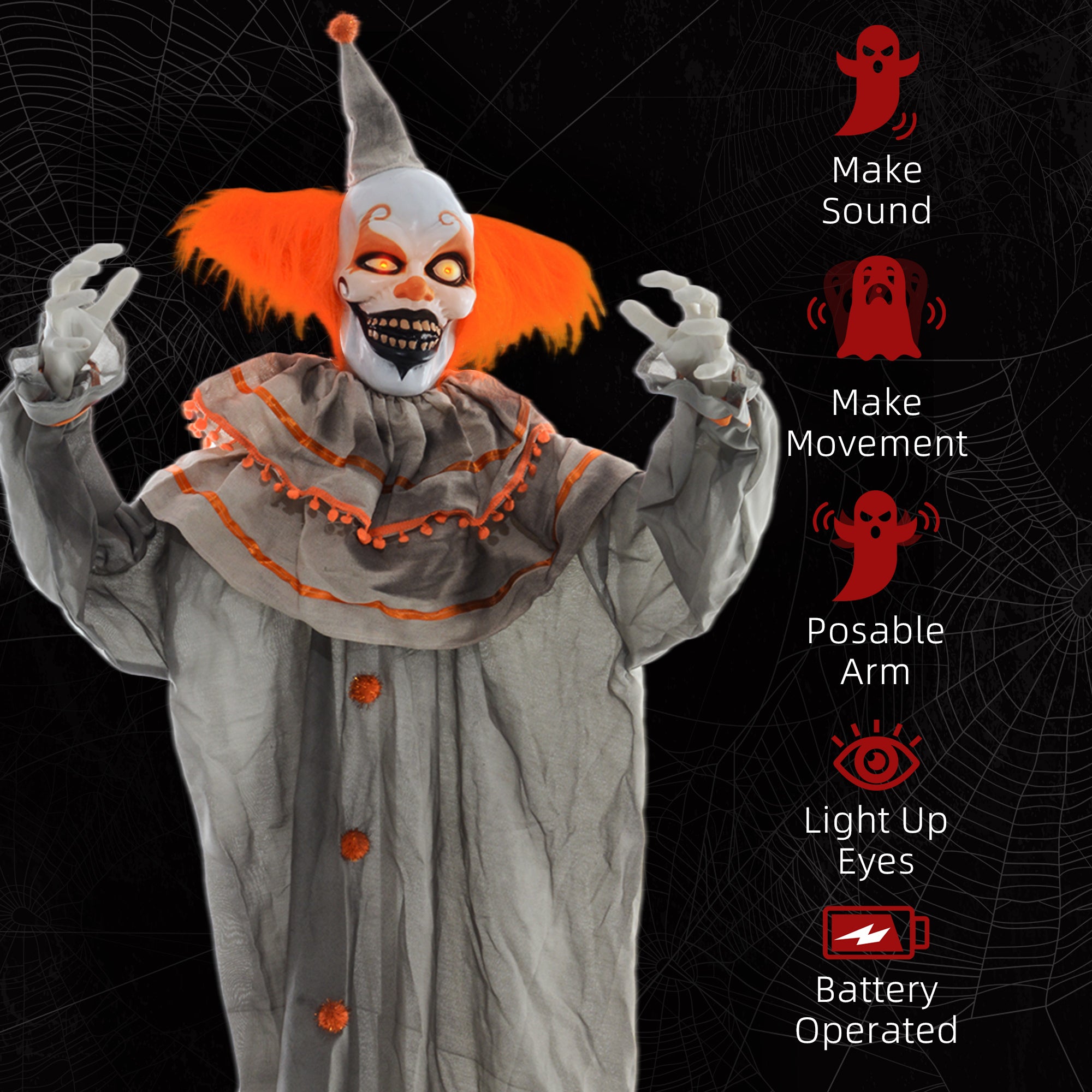 6' Orange Clown Halloween Animatronic, with Glowing Eyes
