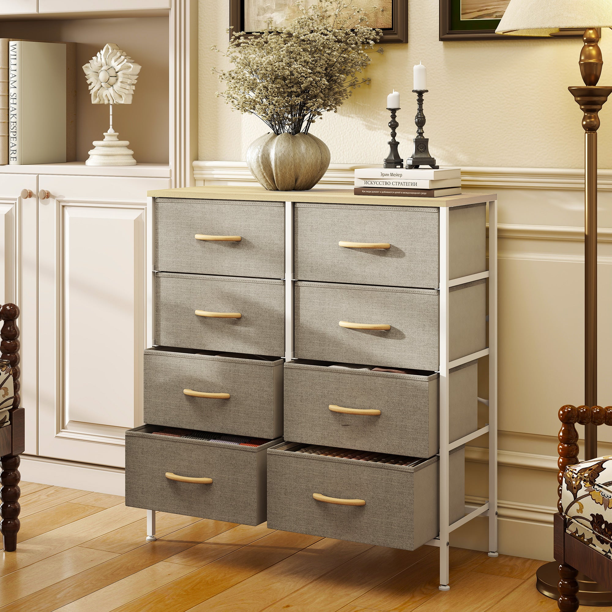 Fabric Chest of Drawers, Industrial Bedroom Dresser with 8 Fabric Drawers, Steel Frame and Wooden Top for Nursery, Living Room, Hallway, Maple Wood-effect
