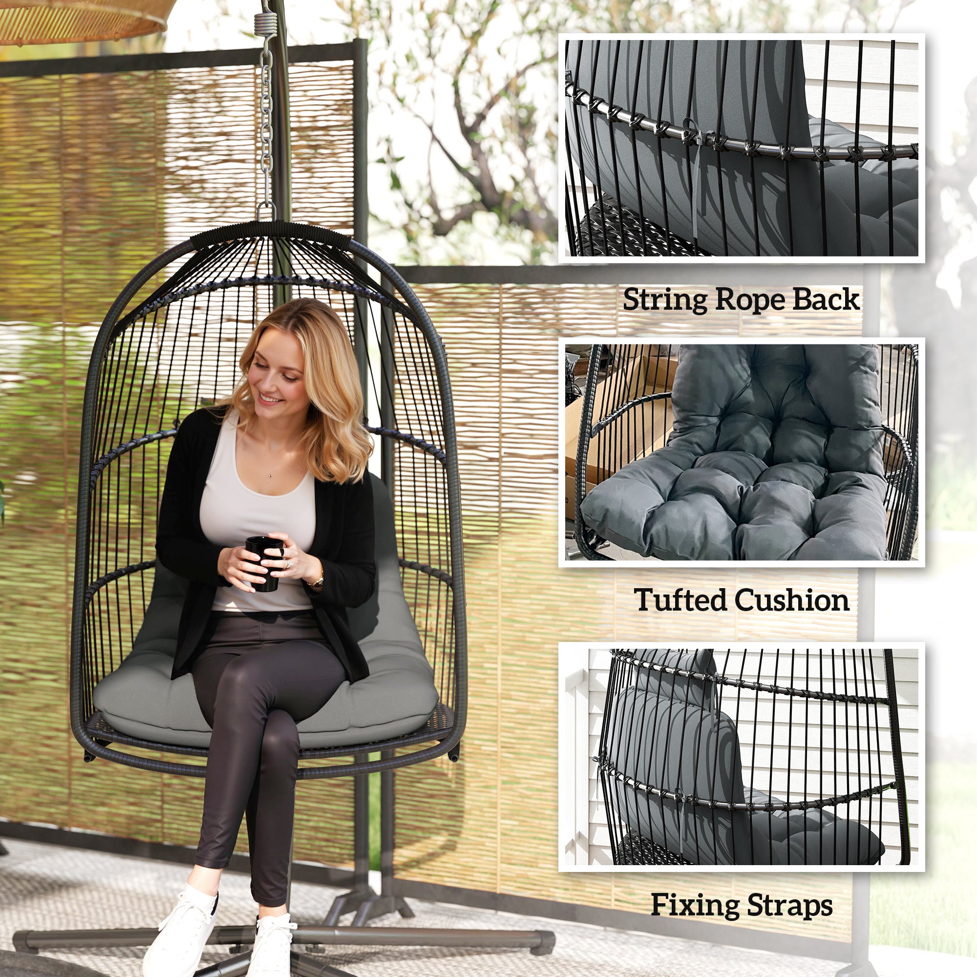 Foldable Hanging Egg Chair with Cushion, Headrest & Installation Kit for Indoor Outdoor - Dark Grey
