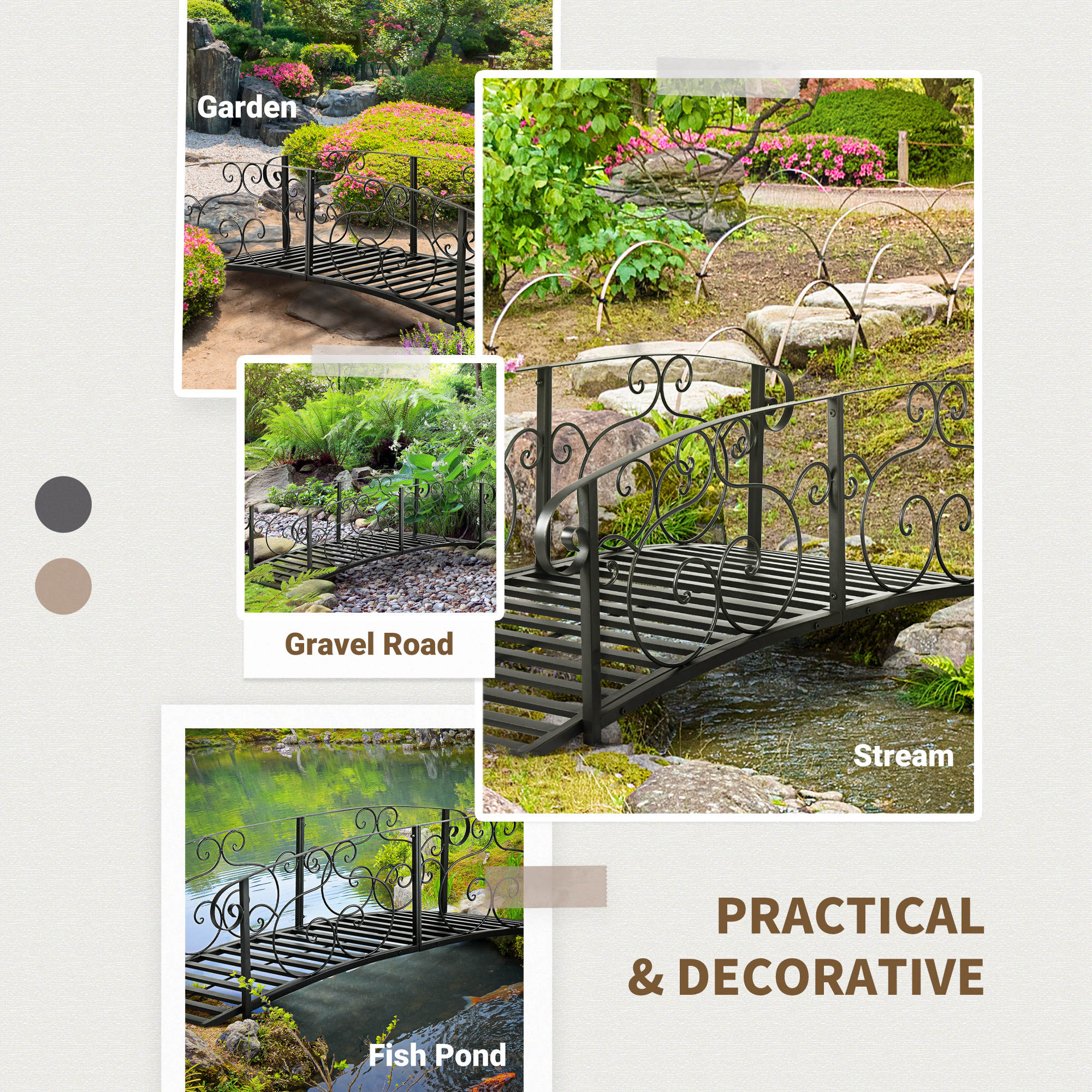 184cm Metal Arch Garden Garden Bridge, Safety Siderails, Arc Footbridge for Garden Creek, Stream, Pond, Black