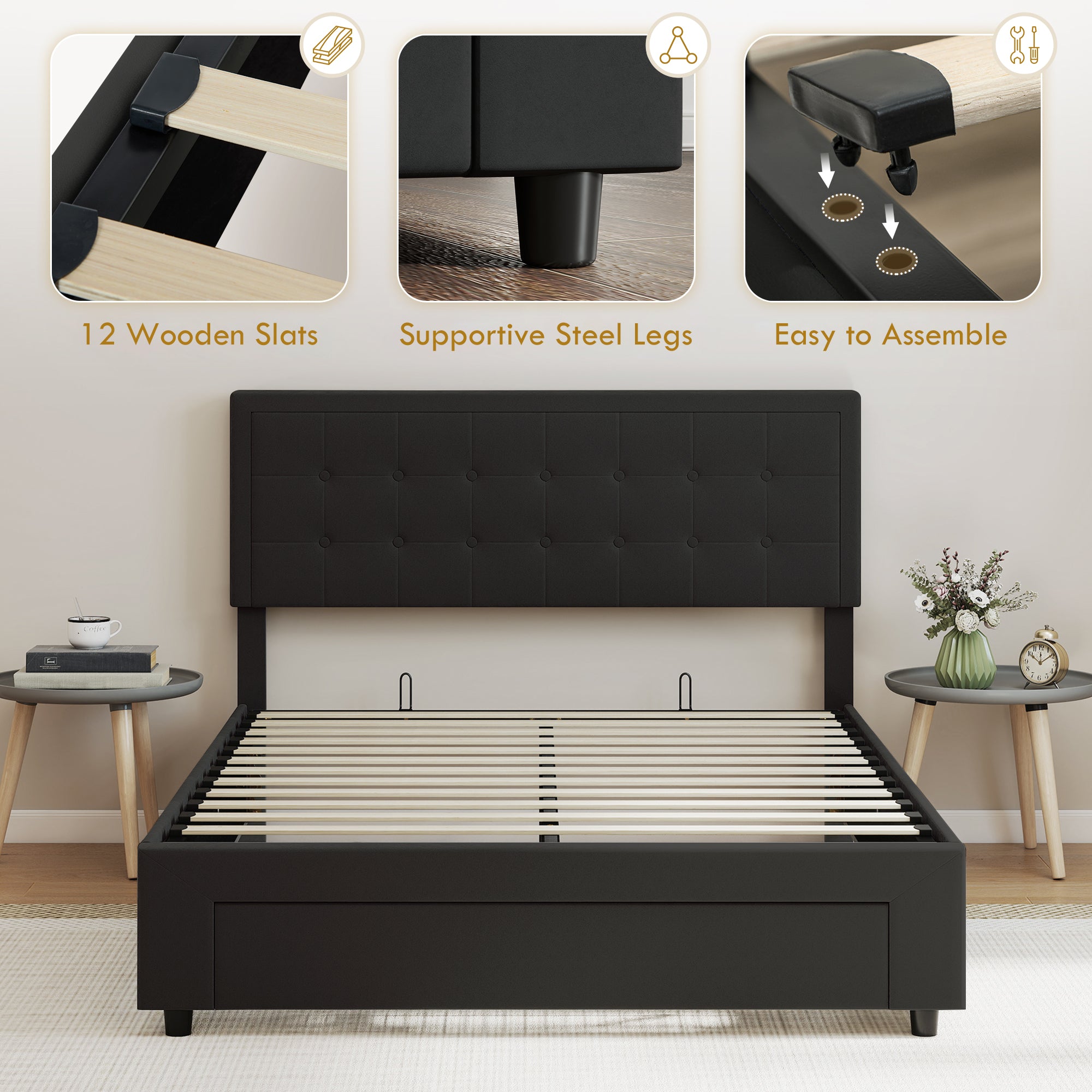 Double Ottoman Bed Frame, with Front Drawer - Black