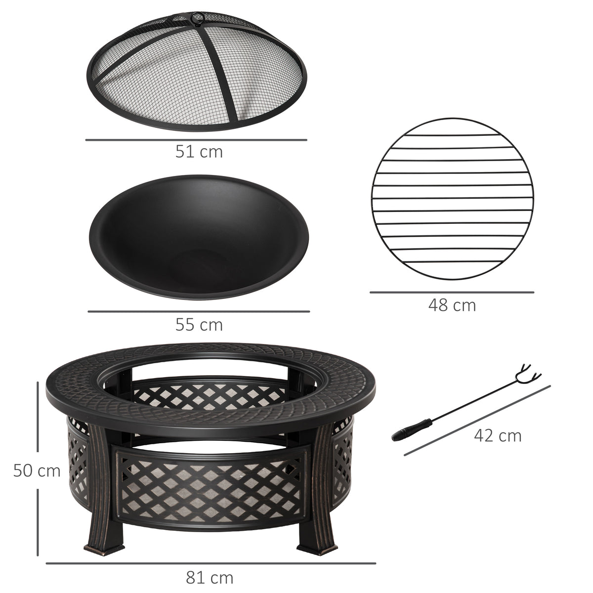 Outdoor Fire Pit, Firepit with Grill Net, Mesh Lid, Poker, for Camping, Bonfire, Picnic, Bronze Tone