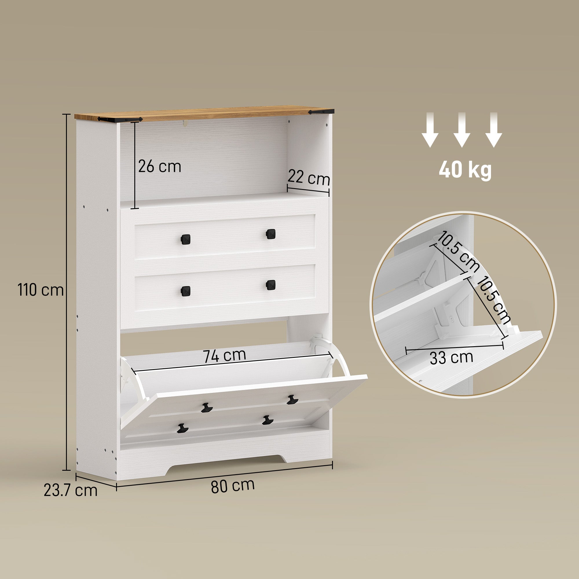 Shoe Cabinet with 2 Flip Drawers, Narrow Shoe Storage Cabinet, White