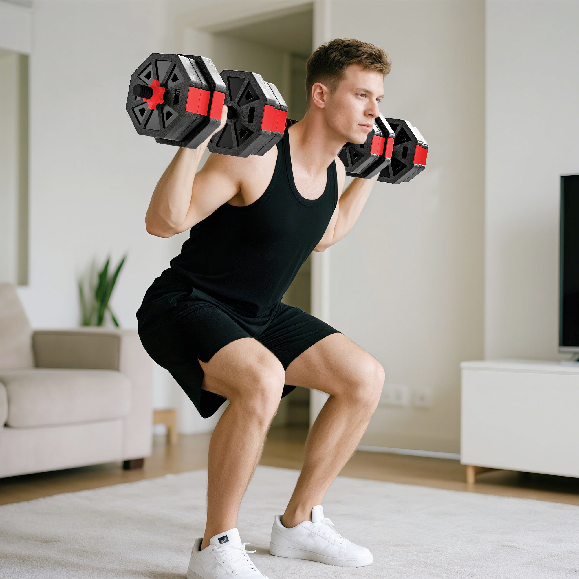 6-in-1 Adjustable Weight Dumbbells Set, Used as Kettlebell, Barbell, Dumbbell, Push-Up Stand, 20kg Free Weights Set for Men and Women Home Gym Training, Red