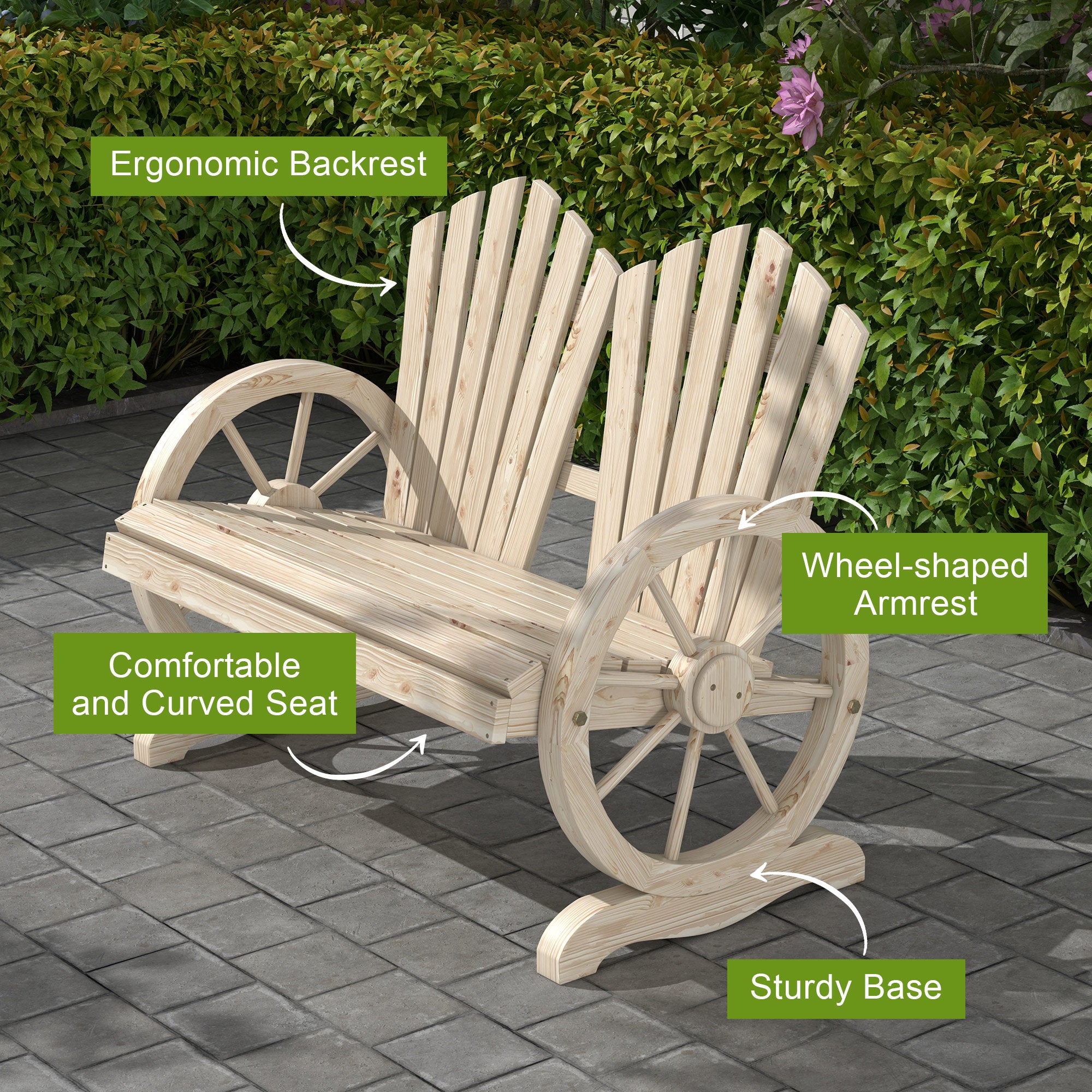 Fir Wood Love Seats with Wheel-Shaped Armrests, Large Load-Bearing Chair, Natural Wood Finish