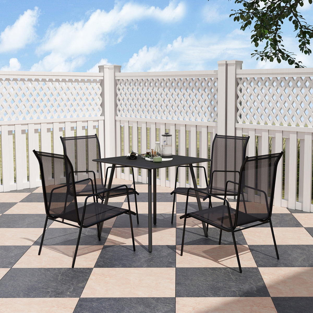 4 Seater Steel Frame Garden Table with Slat Top - Black