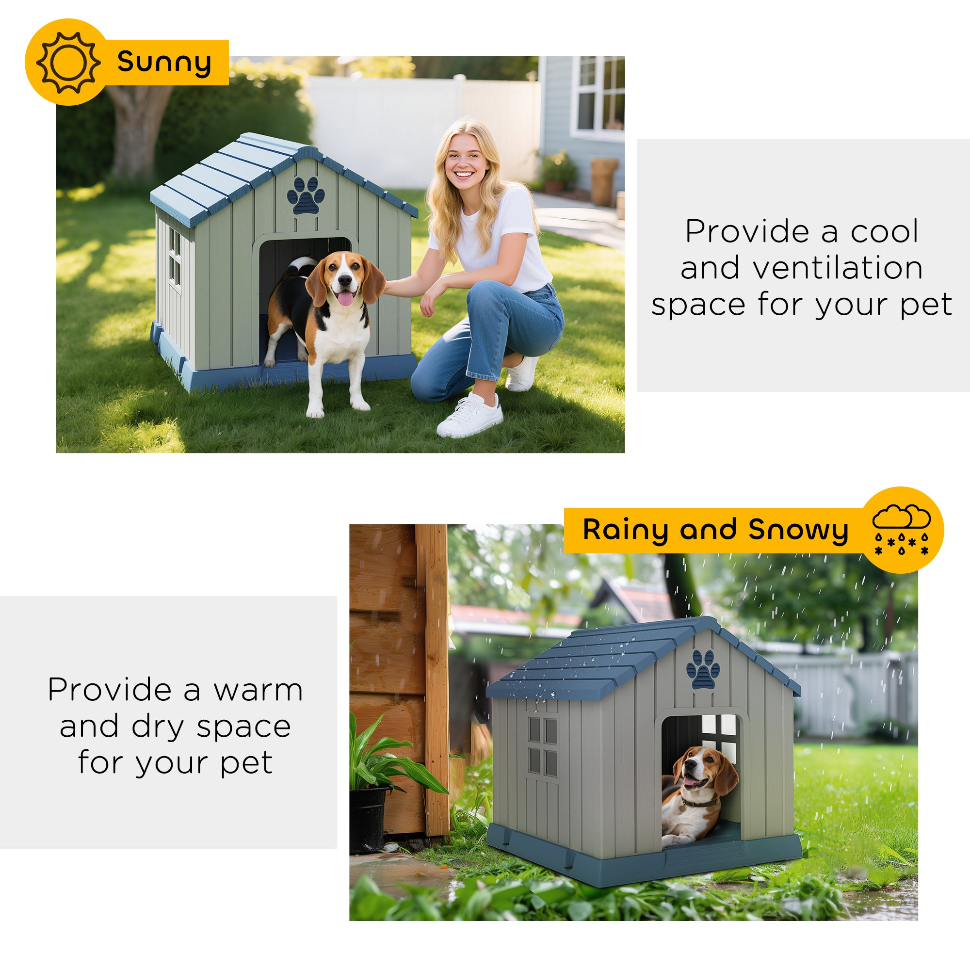 Dog Kennel Outdoor for Medium Dogs, Waterproof Plastic Dog House for Garden, Patio, 85 x 79 x 82 cm, Grey