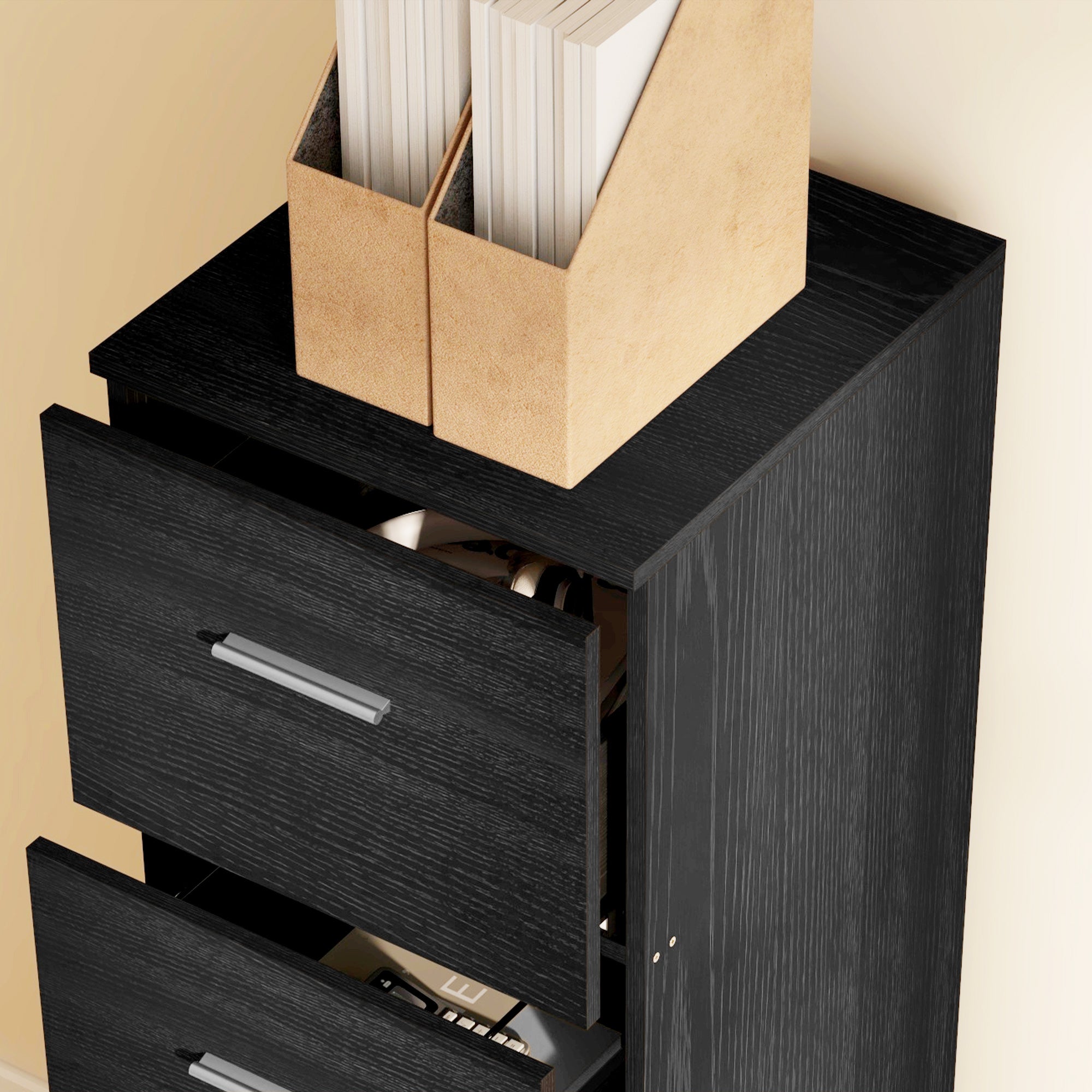 Four-Drawer Lockable Filing Cabinet - Black Wood Effect