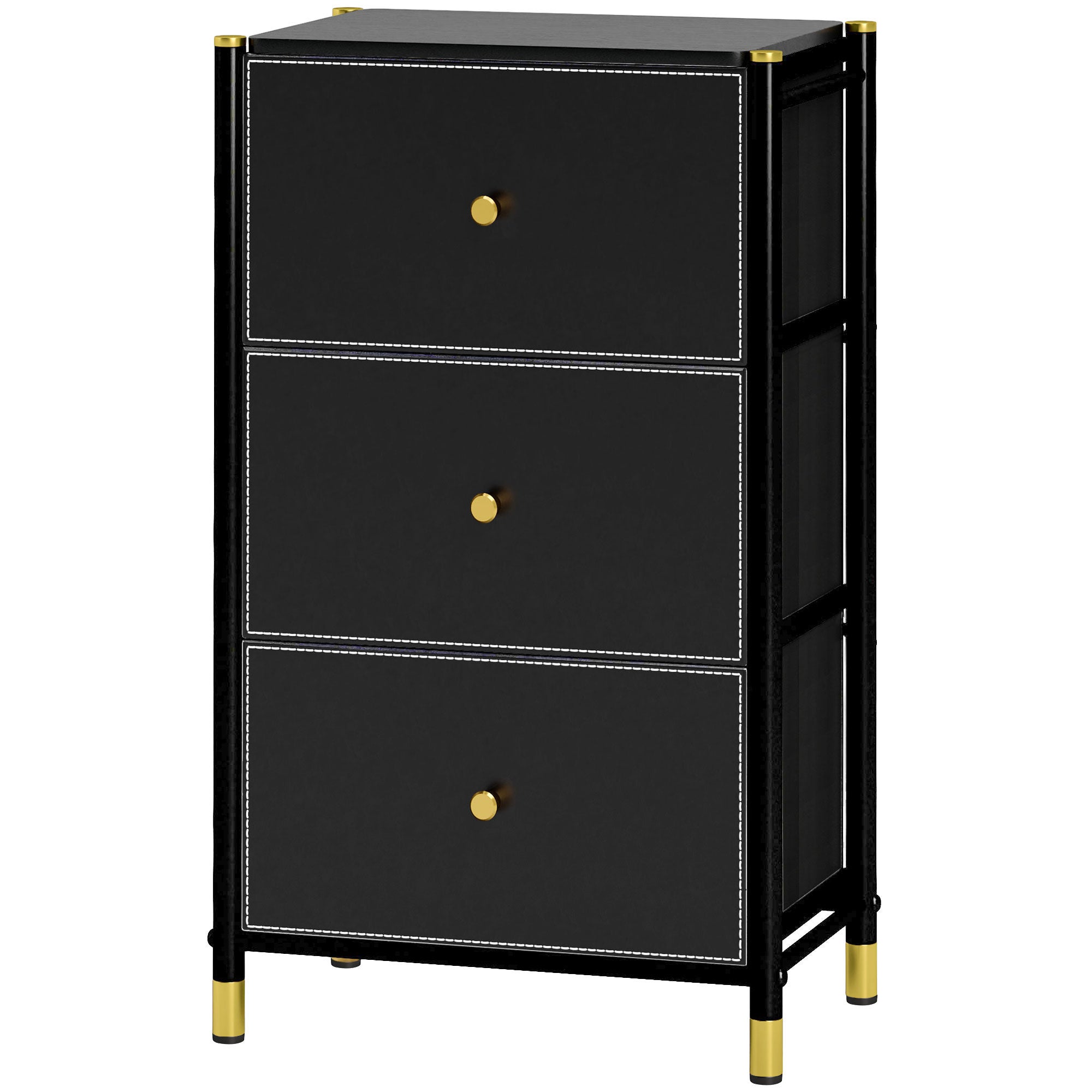 Faux Leather Front Chest of Three Drawers - Black