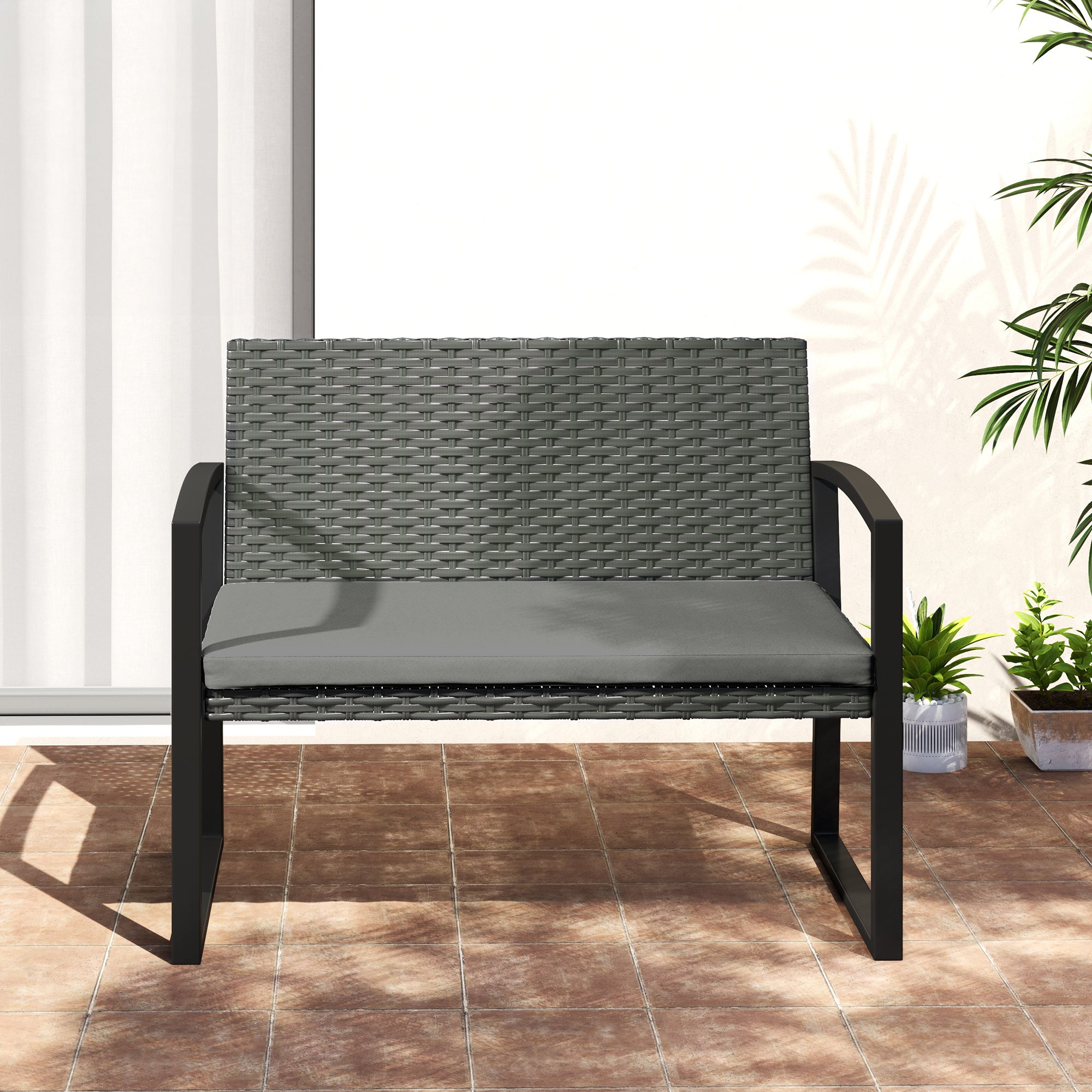 Two-Seater Rattan Garden Bench - Grey/Black