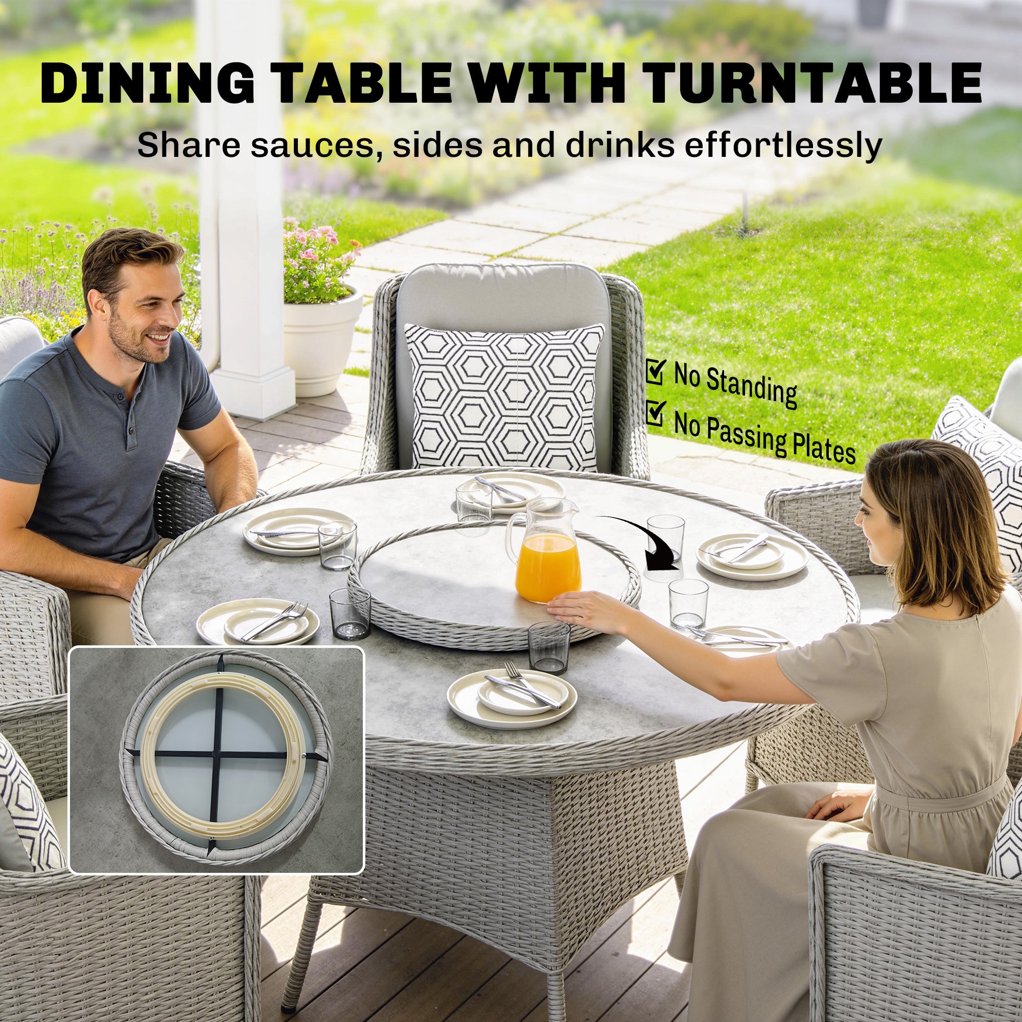 Rattan Dining Set with Turntable, Marble Effect Glass Table and 6 Armchairs, Aluminium Frame, Grey