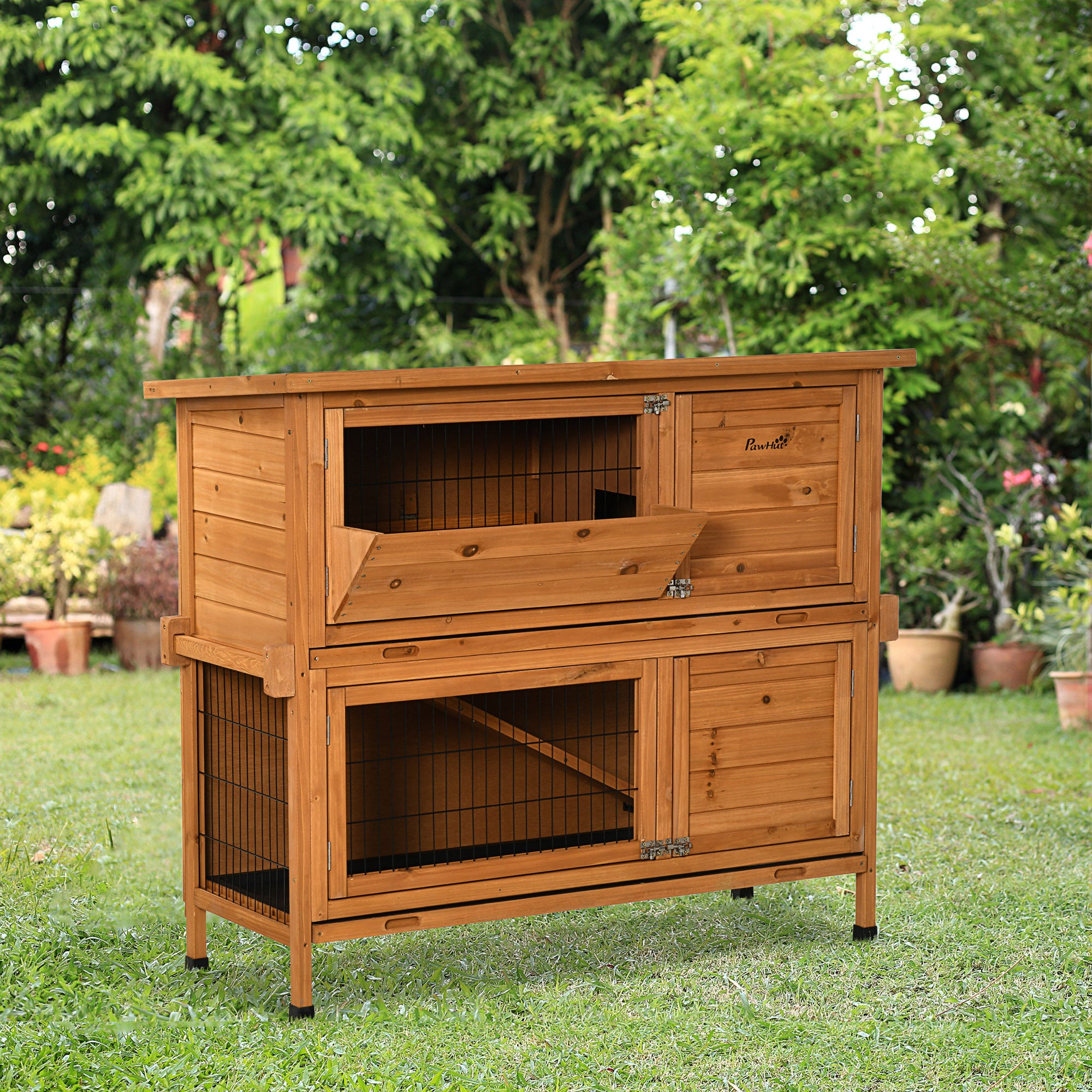 2-Tier Double Decker Rabbit Hutch Wooden Guinea Pig House Pet Cage Outdoor with Sliding-out Tray, Asphalt Roof, Ramp, Feeding Shelf, Handle, 120x50x104cm, Orange