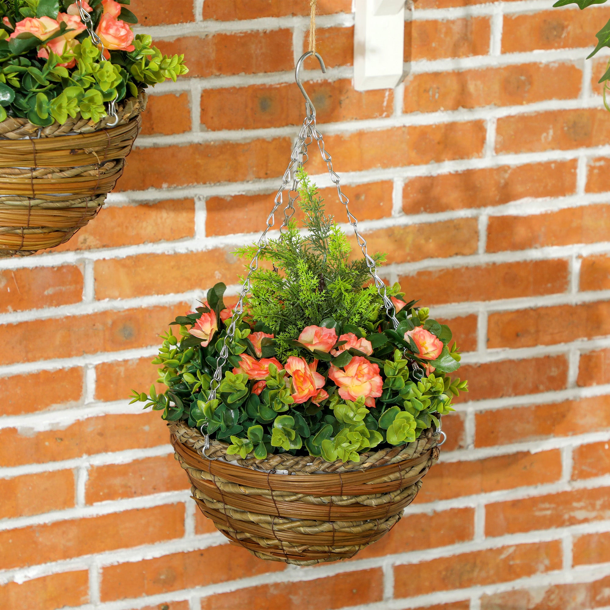 Set of Two Hanging Lisianthus Flower Pots - Orange/Green