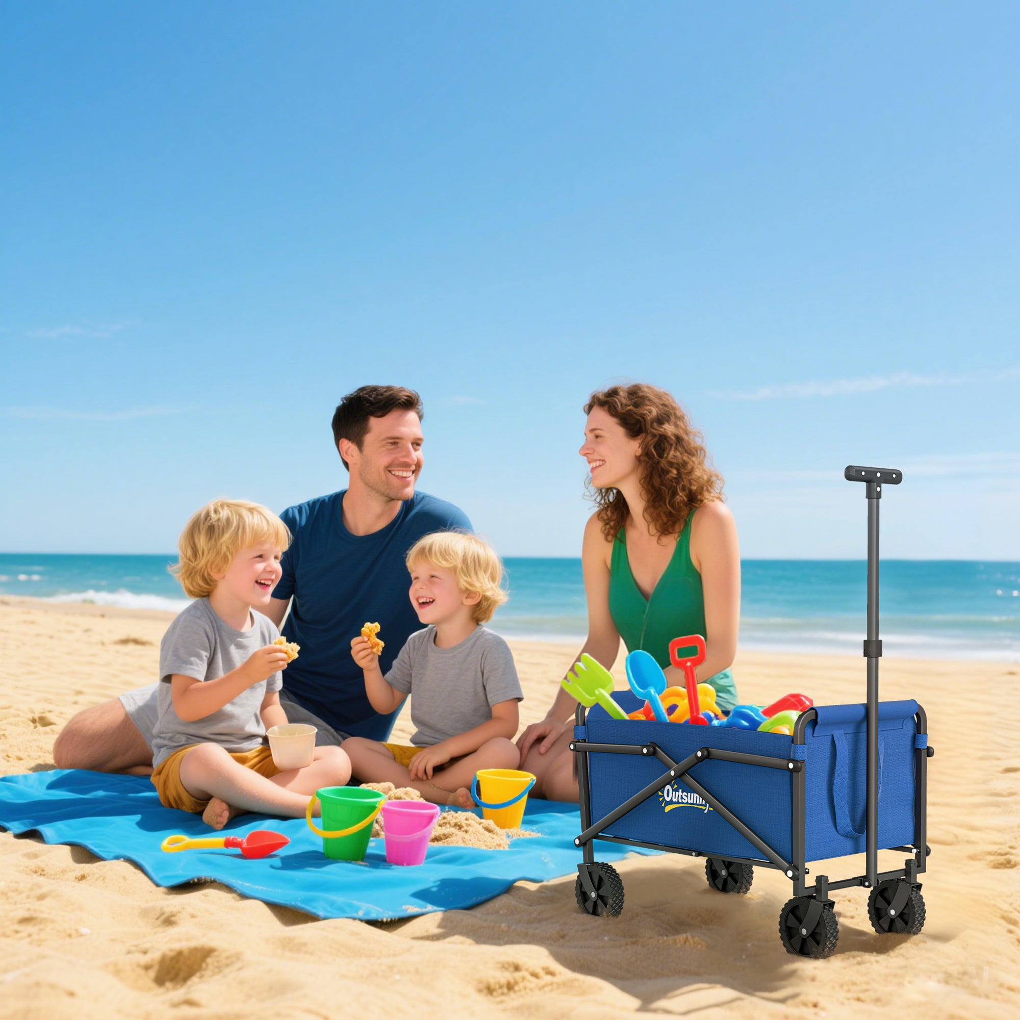 62L Festival Trolley on Wheels, Portable Small Folding Trolley Cart, 60kg Heavy Duty Collapsible Foldable Wagon with Adjustable Handle and Carrying Bag for Beach, Camping, Garden, Blue