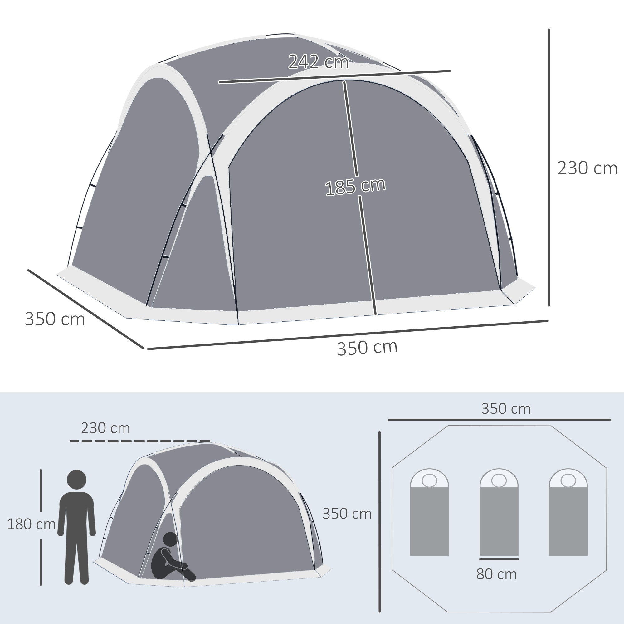 Dome Tent for 6-8 Person, Camping Tent with 4 Zipped Mesh Doors, Removable Oxford Cloth, Lamp Hook, Portable Carry Bag, White and Grey