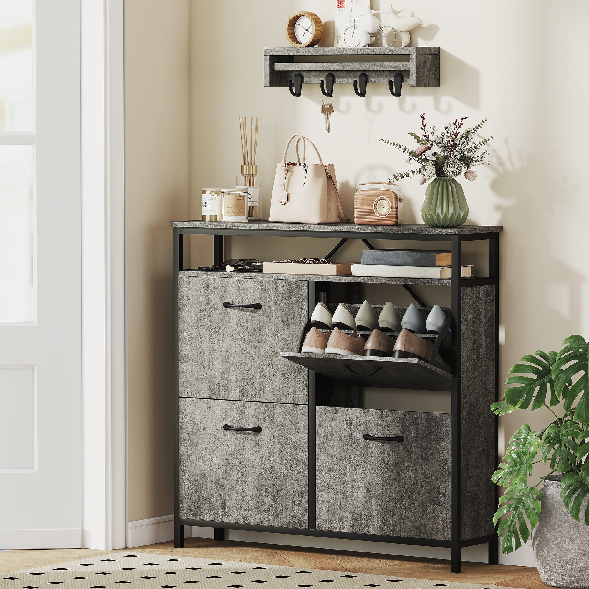 Shoe Storage Cabinet with 4 Flip Drawers and Open Shelf - Cement Grey